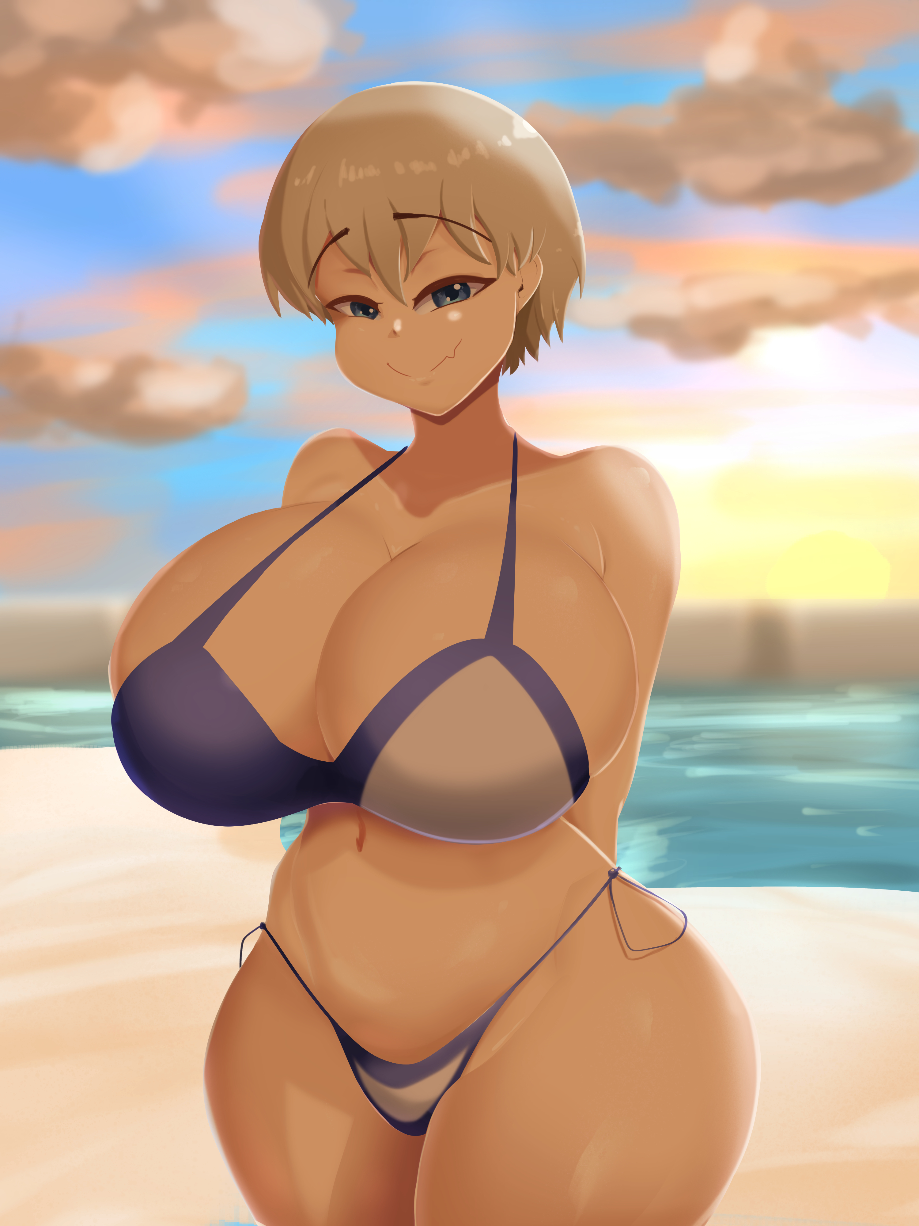 1girls, big breasts, bikini, blue eyes, breasts, eye contact, fake face, female, grey hair, huge breasts, large breasts, looking at viewer, short hair, solo, standing, thick thighs, thighs, uzaki hana, uzaki-chan wa asobitai!, voluptuous, wide hips