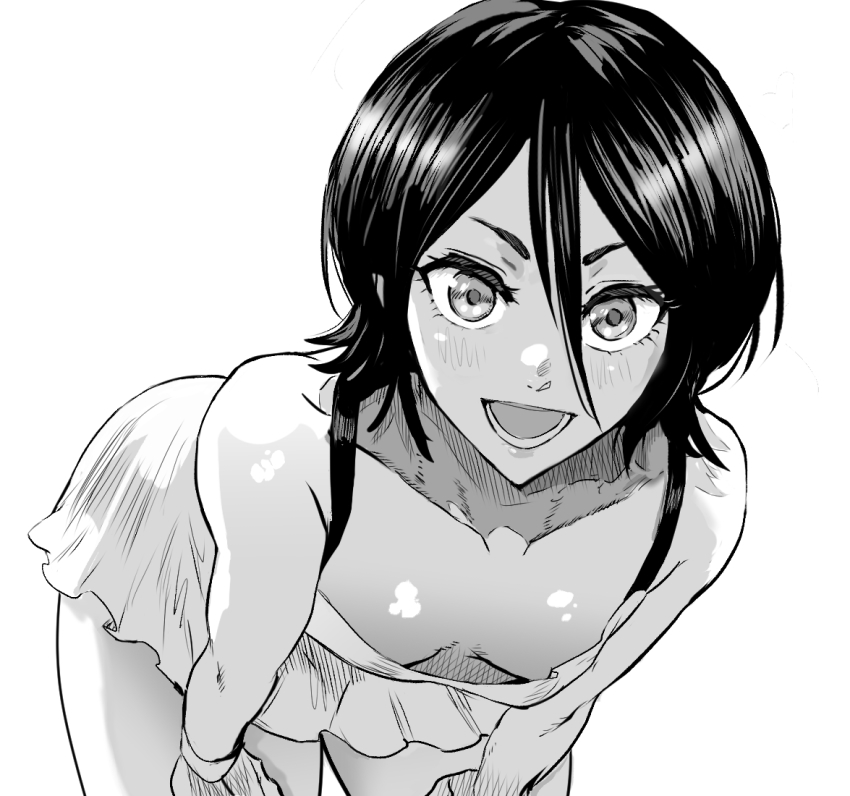 bent_over black_hair bleach blush breasts collarbone daraz18aka down_blouse dress female greyscale hair_between_eyes hands_on_own_knees kuchiki_rukia looking_at_viewer monochrome open_mouth short_hair simple_background small_breasts solo white_background