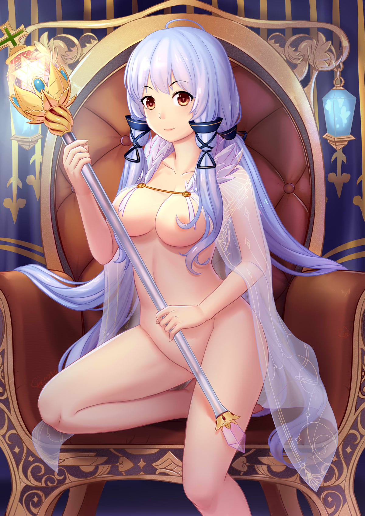 1girls blue_hair breasts naked nipples purple_hair pussy sitting solo staff stardust_(vocaloid) synthesizer_v thighs throne twintails vocaloid xingchen_(vocaloid) yellow_eyes yezinod