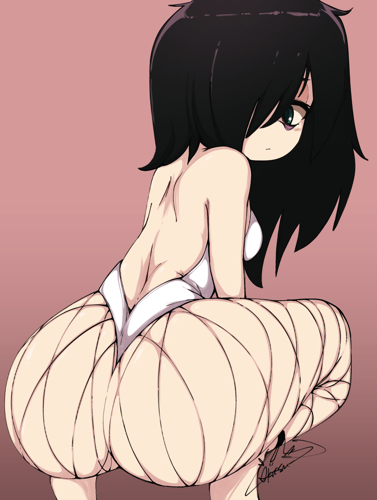 1girls, ass, bags under eyes, big ass, black hair, bottom heavy, breasts, female, fishnet pantyhose, fishnet stockings, hatsumiilkshake, kuroki tomoko, leotard, long hair, looking at viewer, pale skin, squatting, thick thighs, thighs, watashi ga motenai no wa dou kangaetemo omaera ga warui!
