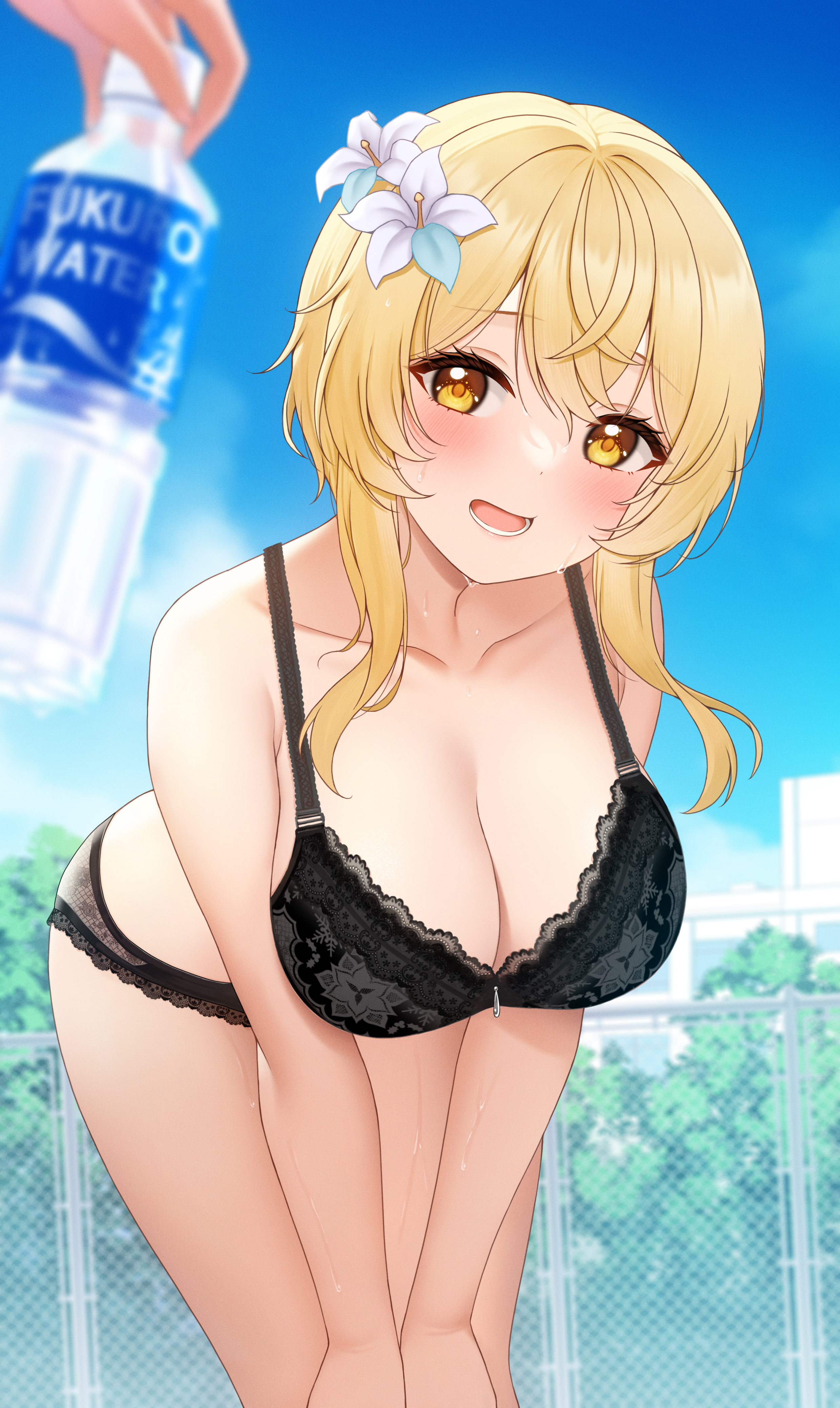 blonde hair, blush, bra, breasts, cleavage, female, fukuro ko (greentea), genshin impact, large breasts, lumine (genshin impact), underwear, yellow eyes
