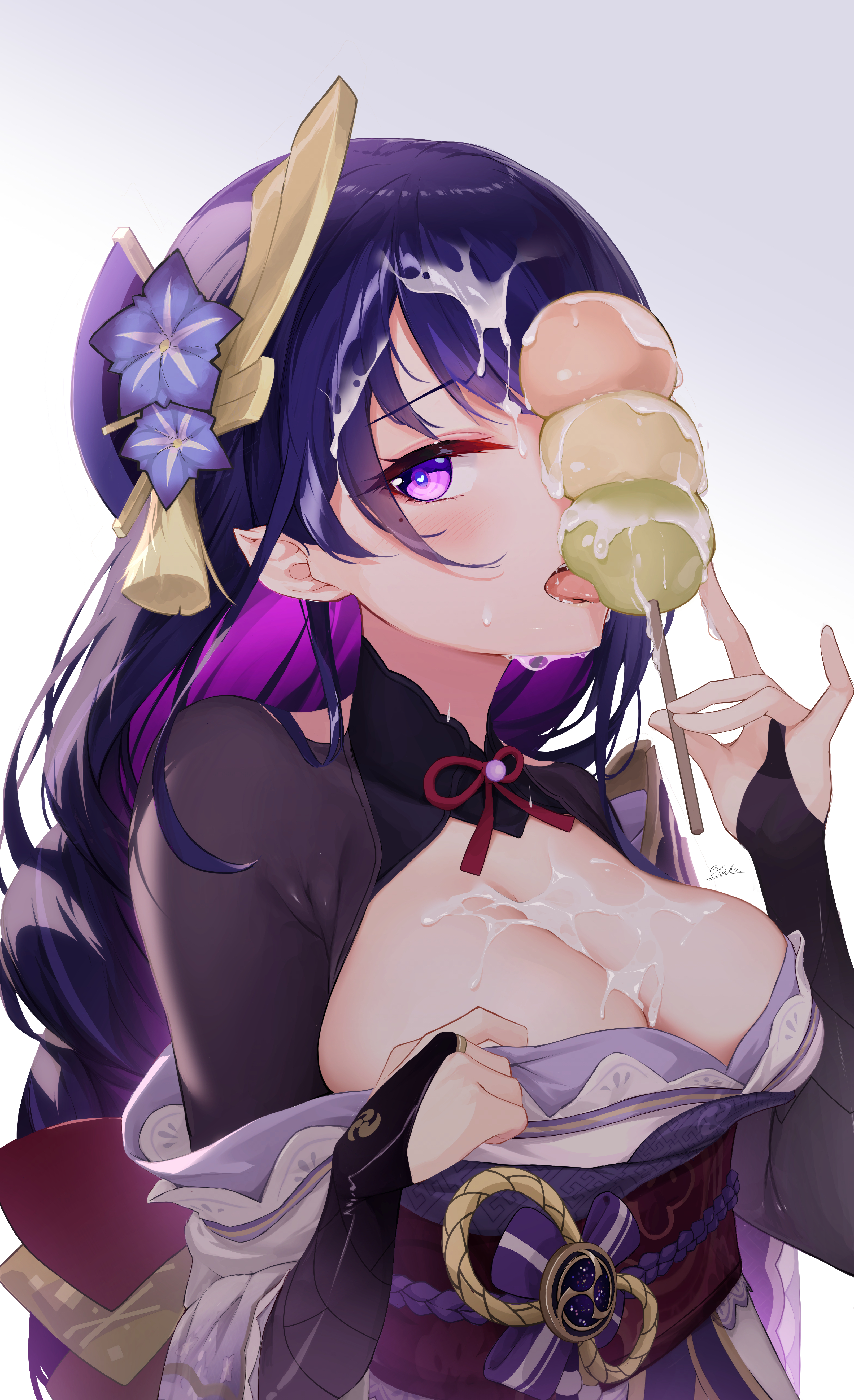 breasts, cleavage, covered in cum, cum, cum on breasts, cum on face, cum on food, dango, eating, eating dango, eating food, female, food, genshin impact, haku89, holding, holding dango, holding food, holding object, licking, licking cum, licking food, looking at viewer, milk, raiden shogun