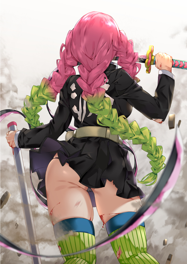1girls, back view, black panties, blood, braided hair, clothing, demon slayer, female, female only, kanroji mitsuri, kimetsu no yaiba, long hair, panties, pink hair, pink-haired female, pleated skirt, ripped clothing, ripped stockings, solo, sweat, sword, thick thighs, thighhighs, torn clothes, torn thighhighs, two-tone hair, upskirt, wide hips, zettai ryouiki