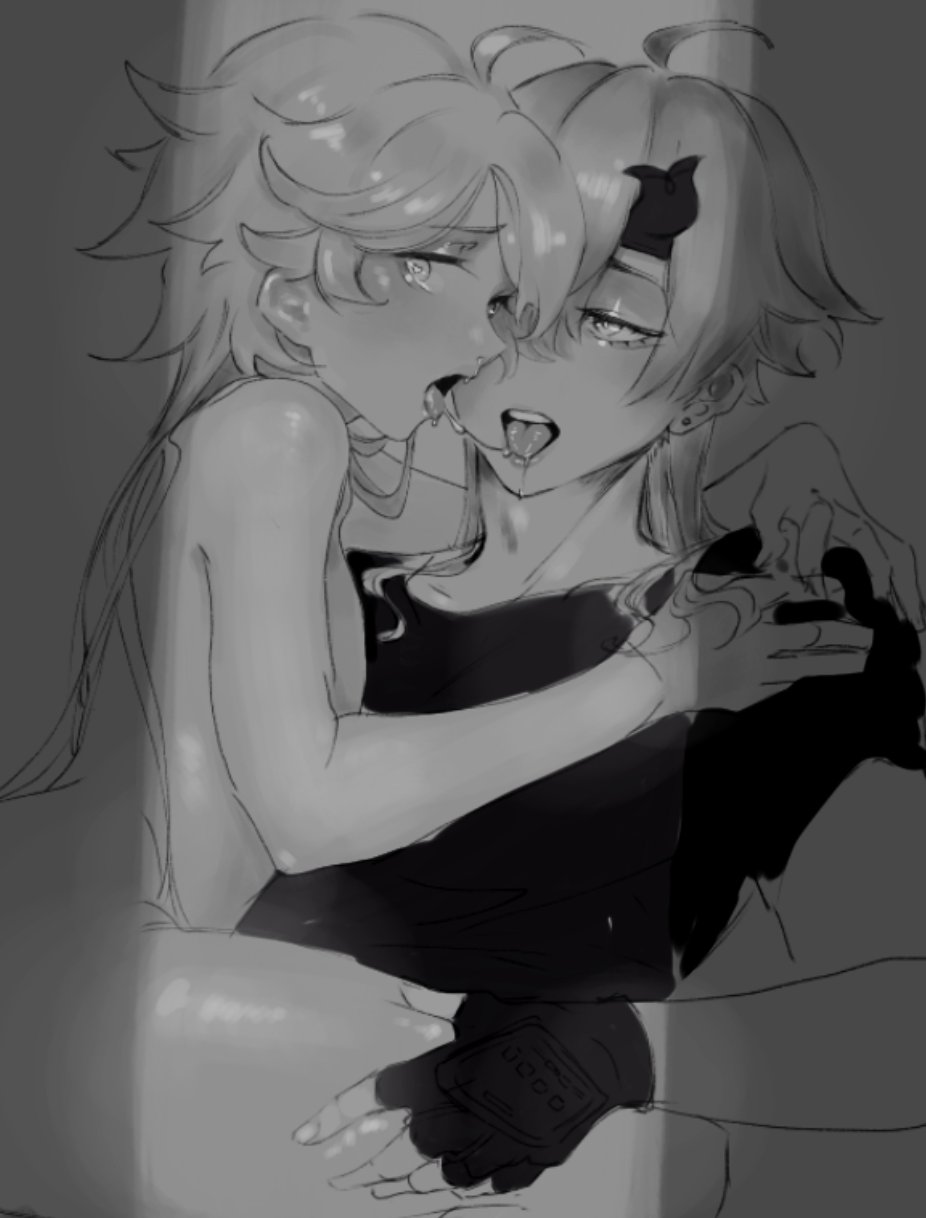 2boys, aether (genshin impact), ass, ass grab, blush, gay, genshin impact, greyscale, making out, male, naked, noya180k, nude, saliva, thick thighs, thighs, thoma (genshin impact), tongue, tongue out