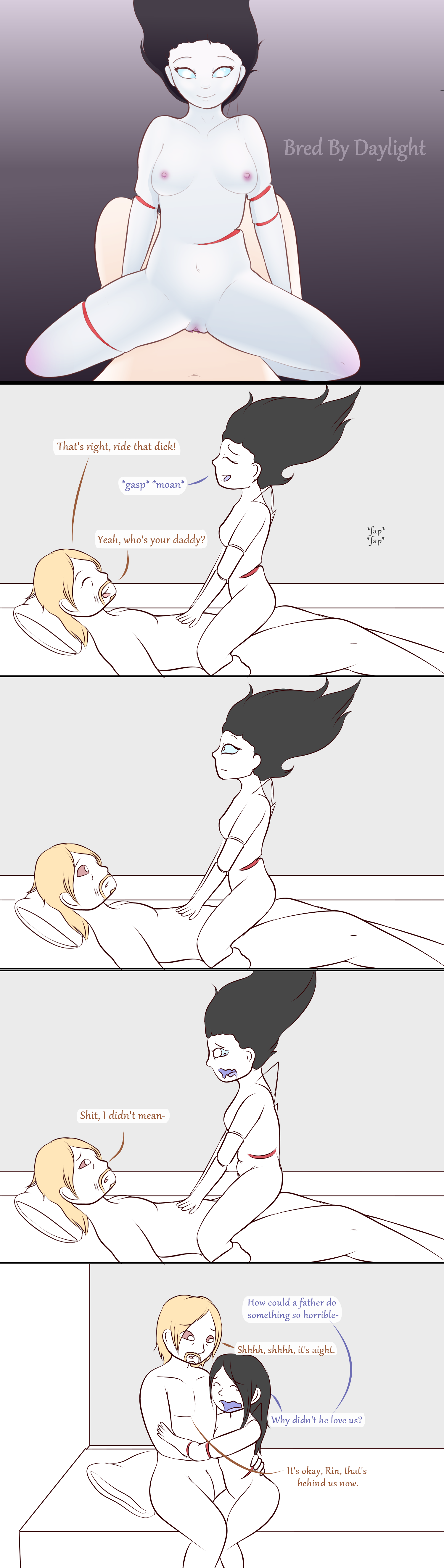 1boy, amputee, blue skin, bred by daylight, caleb quinn, comic, cowgirl position, dead by daylight, demonettem, female, floating hair, ghost, ghost girl, hands on chest, holding legs, hug, hugging, injured, male, riding, rin yamaoka, smiling, smiling at viewer, text, the deathslinger, the spirit (dead by daylight)