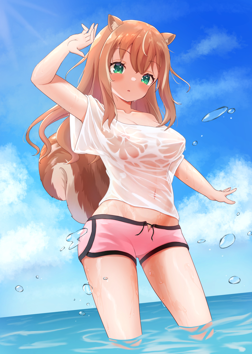 ayunda_risu blush brown_hair green_eyes hololive hololive_indonesia hololive_indonesia_area_15 kemonomimi long_hair no_bra ocean short_shorts squirrel_ears squirrel_girl squirrel_tail virtual_youtuber wet_clothes