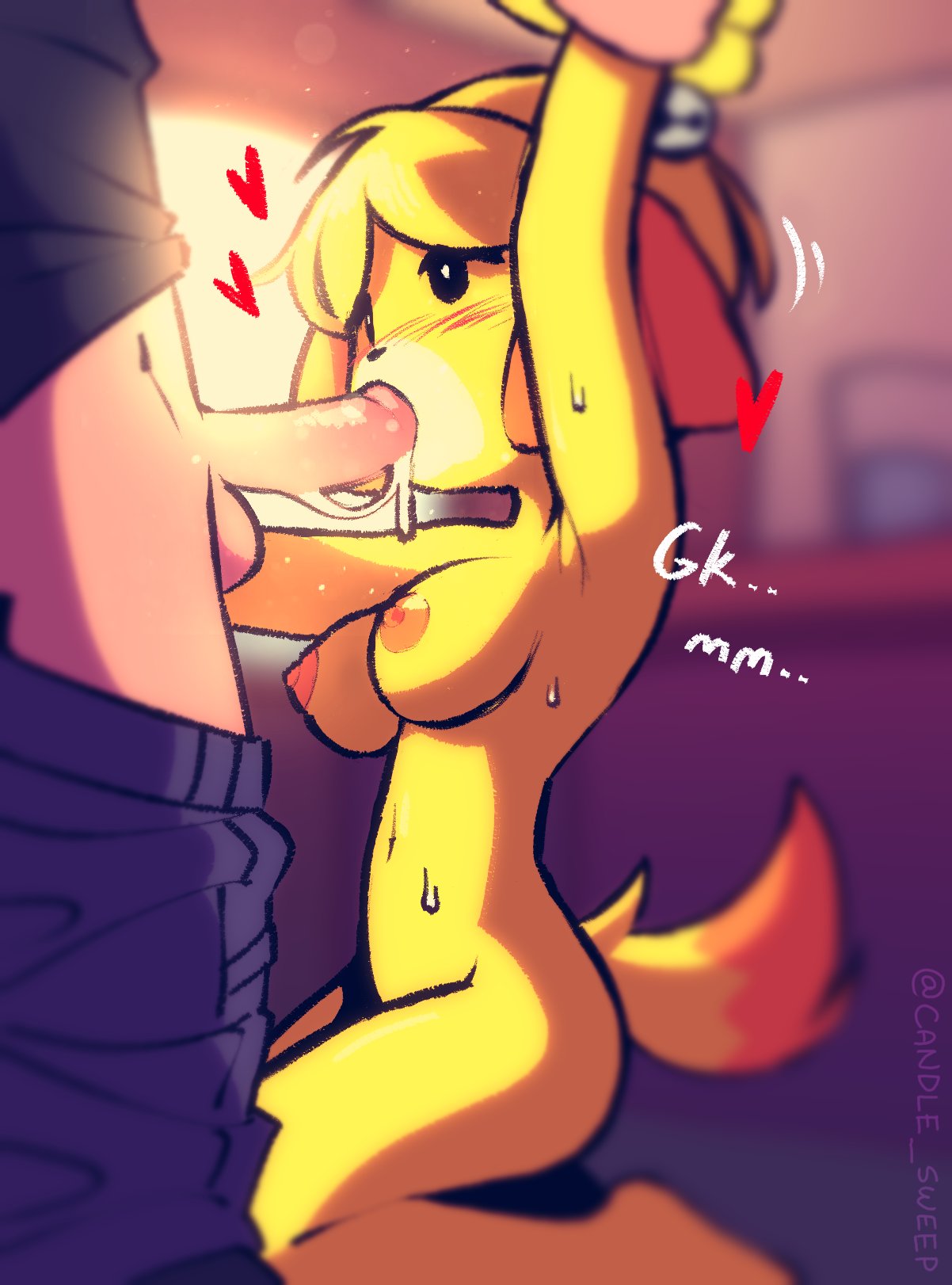 1boy, 1girls, animal crossing, animal crossing new leaf, arms up, balls, blush, breasts, candle sweep, canine, clothed male nude female, completely nude, dog ears, fellatio, female, heart, interspecies, irrumatio, isabelle (animal crossing), kneeling, male, medium breasts, navel, nintendo, nude, nude female, oral, pants down, penis, standing, tail, testicles, tied hair, villager (animal crossing), wrist grab