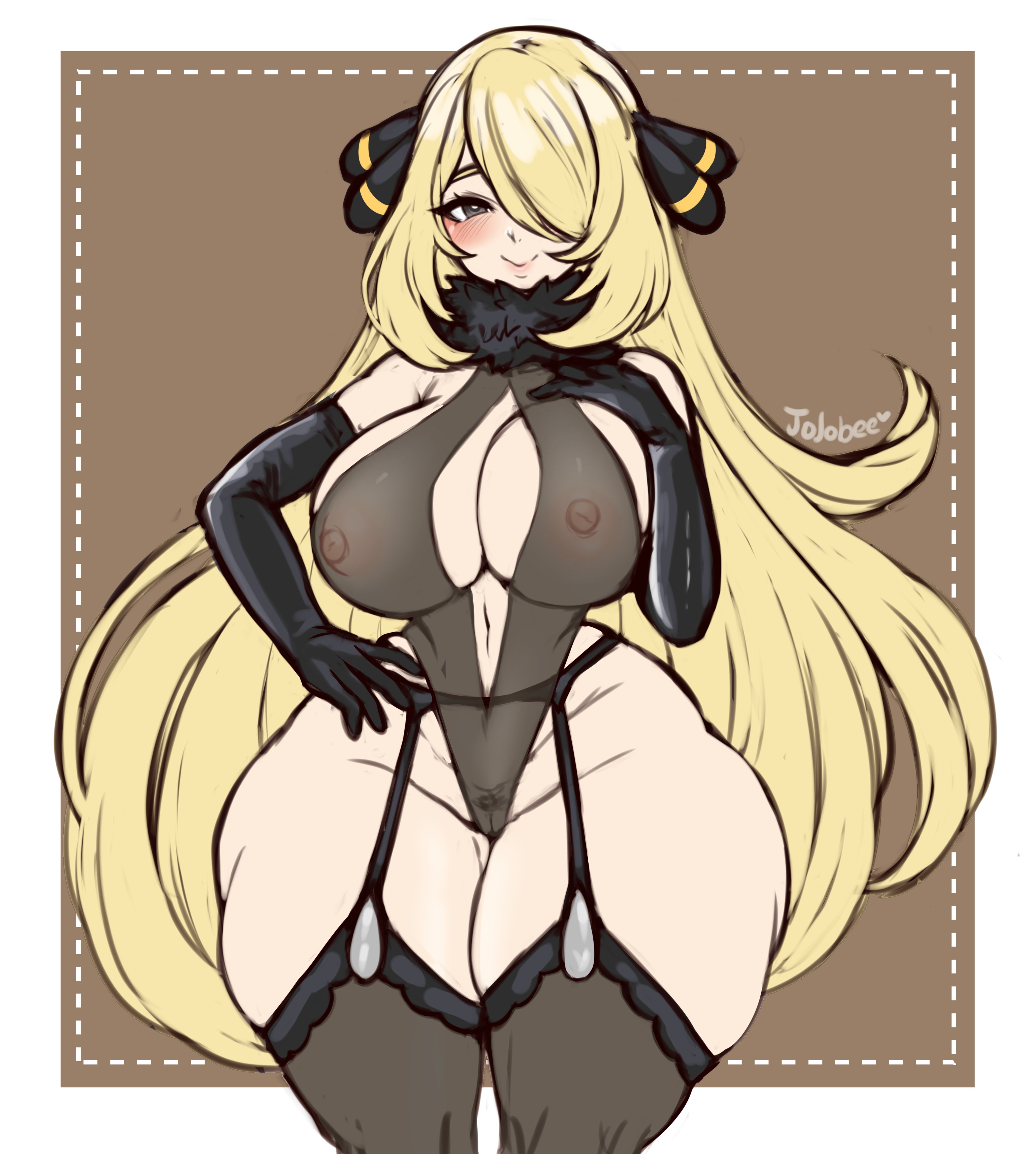 1girls, alternate breast size, areolae, big breasts, blonde hair, blush, breasts, cleavage, cynthia (pokemon), elbow gloves, eye contact, female, female only, garter belt, garter straps, gloves, hair ornament, hips, huge breasts, jojoniumart, large breasts, lingerie, long hair, looking at viewer, navel, nintendo, nipples, pokemon, pokemon dppt, pussy, revealing clothes, signature, smile, solo, solo female, standing, stockings, thick thighs, thighs, transparent clothing, white border, wide hips