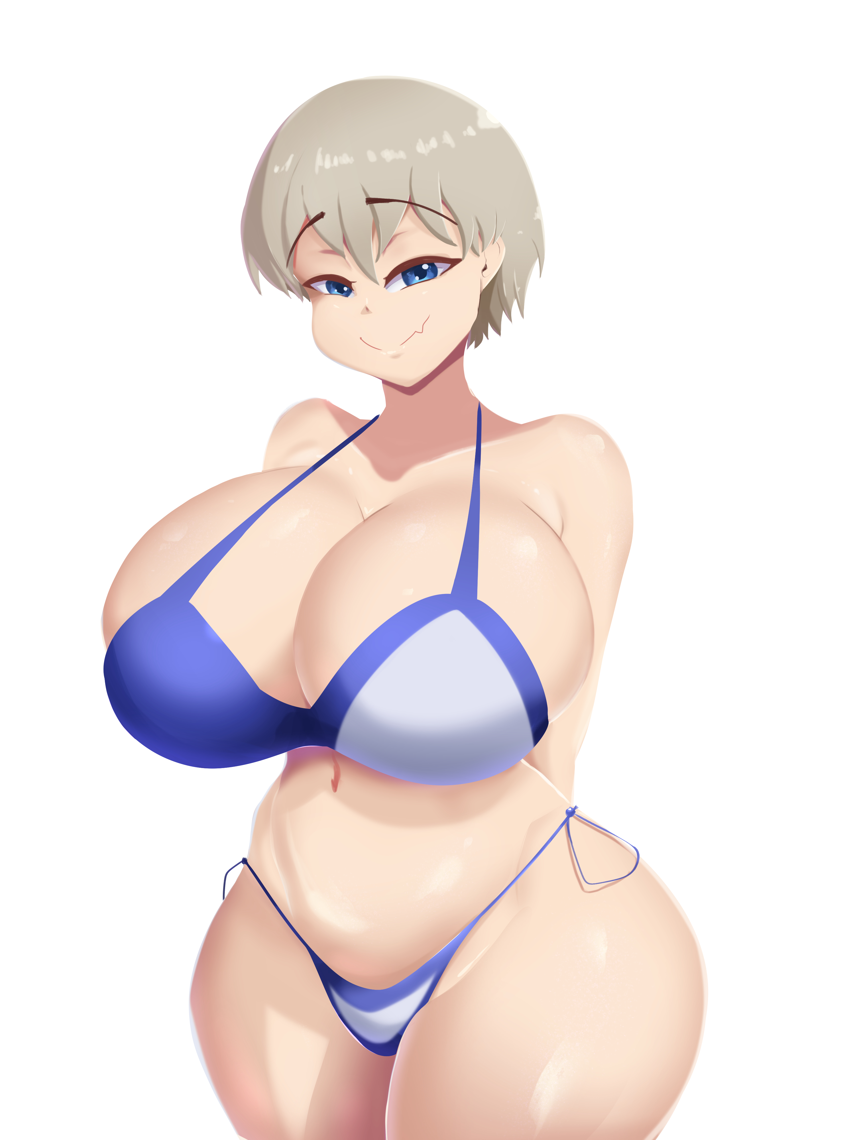 1girls, big breasts, bikini, blue eyes, breasts, eye contact, fake face, female, grey hair, huge breasts, large breasts, looking at viewer, short hair, solo, standing, thick thighs, thighs, uzaki hana, uzaki-chan wa asobitai!, voluptuous, white background, wide hips