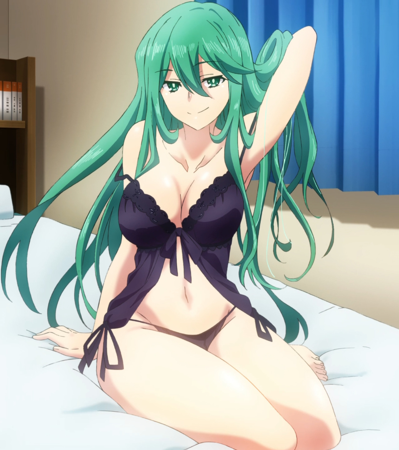 bed, blush, breasts, clavicle, cleavage, curves, date a live, female, full cleavage, green eyes, green hair, high resolution, hips, kyouno natsumi, kyouno natsumi (adult), large breasts, legs, light skin, lingerie, long hair, looking at viewer, medium breasts, mound of venus, naughty face, navel, negligee, off shoulder, one arm up, pantsu, side-tie panties, sitting, smile, solo, strap slip, string panties, underwear, very high resolution, very long hair, wide hips
