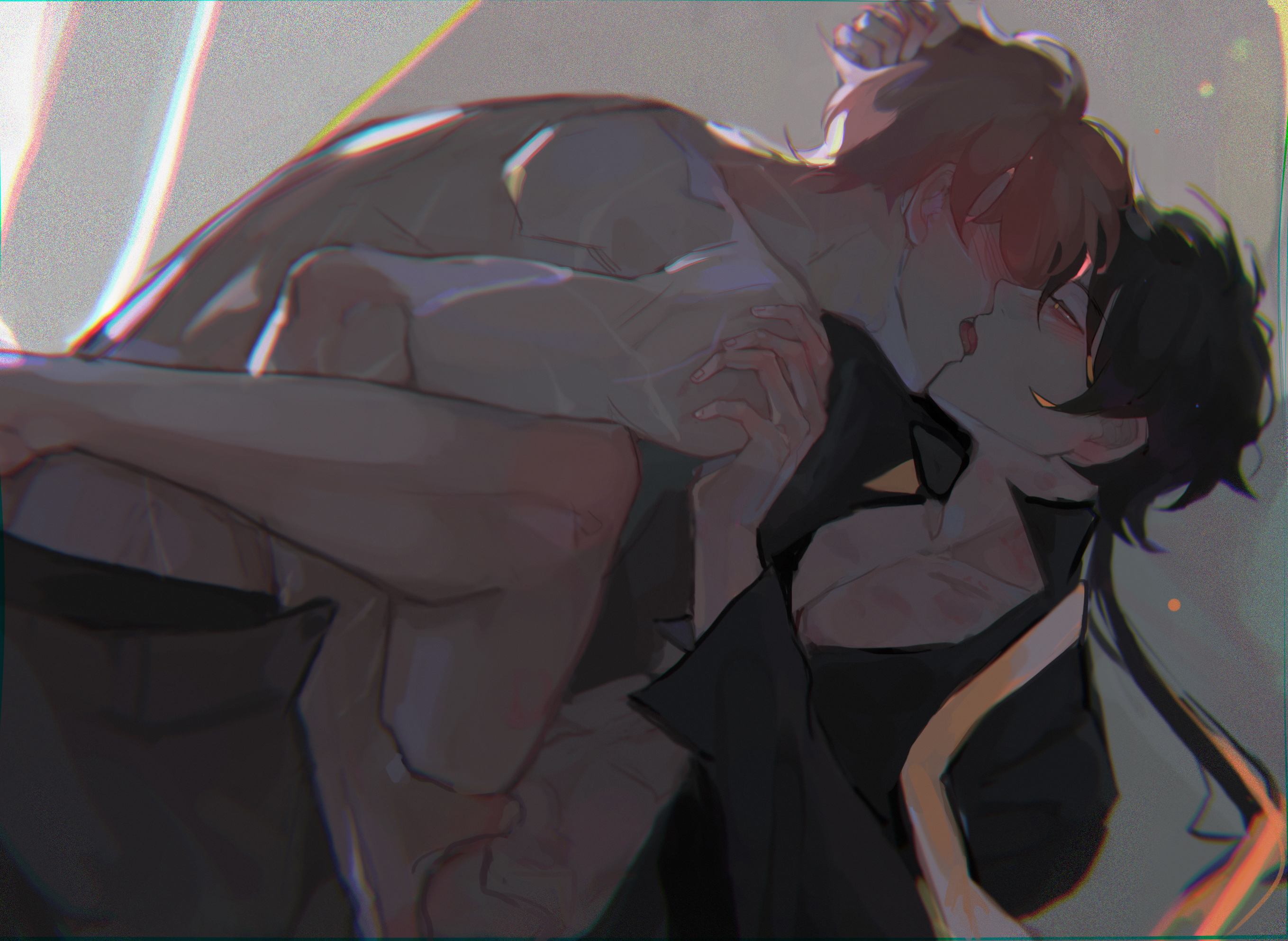 2boys, anal, blue eyes, blush, brown hair, childe (genshin impact), gay, genshin impact, geretsu, ginger, hi res, highres, making out, male, male only, muscular, naked, orange hair, partially clothed, tartaglia (genshin impact), yaoi, yellow eyes, zhongli (genshin impact)