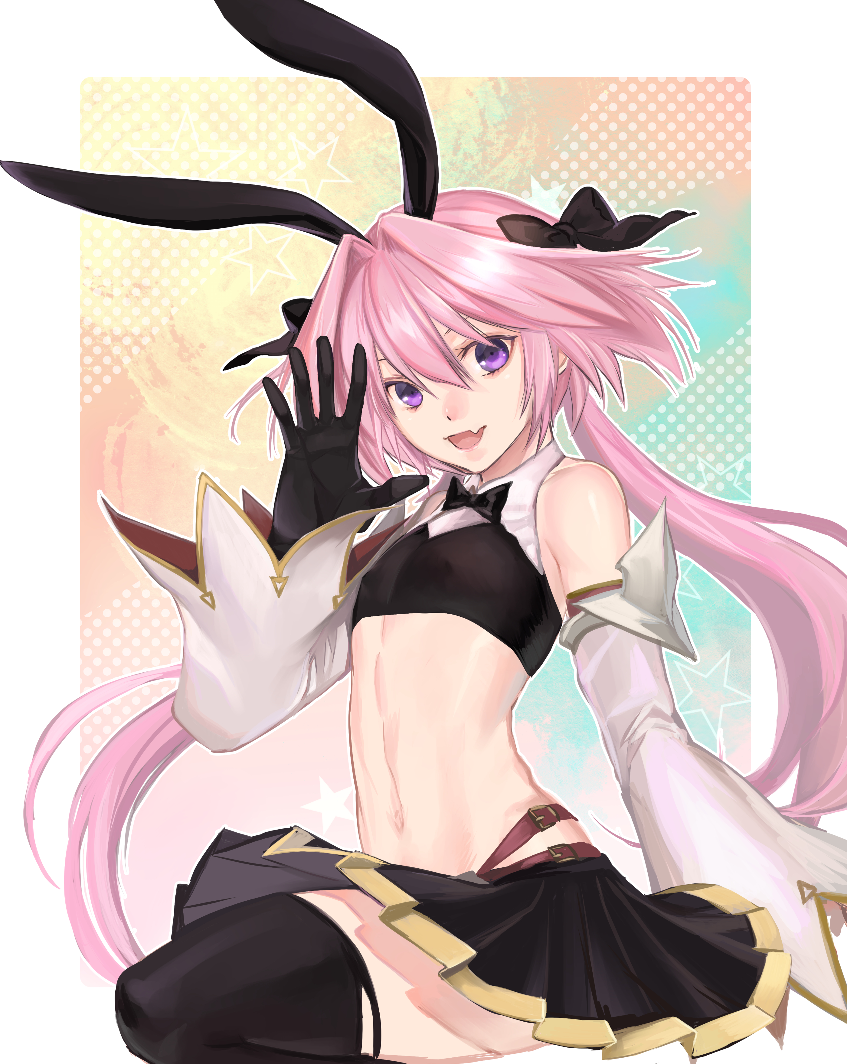 1boy, astolfo (fate), braid, braided hair, bunny ears, bunnysuit, crop top, crossdressing, crossdressing male, fate (series), fate/grand order, femboy, male, male only, midriff, pink hair, purple eyes, ri-ko, short skirt, solo, solo male, thick thighs, thighhighs, trap