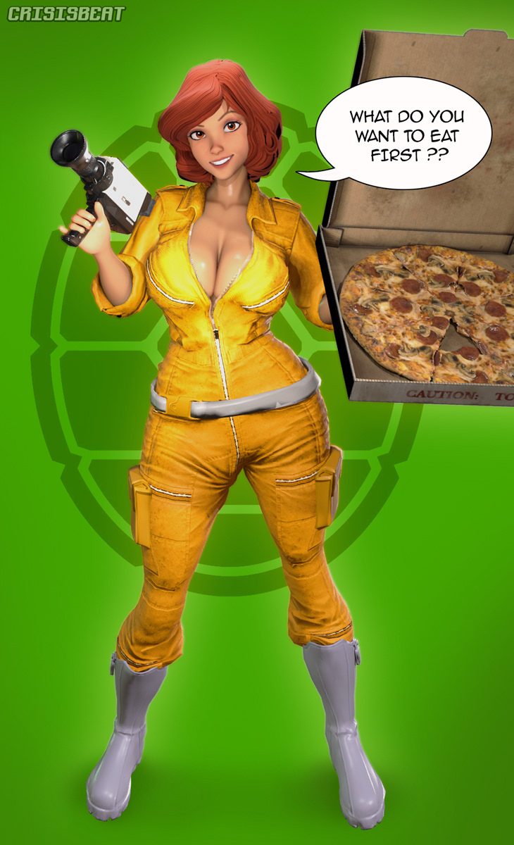 1girls, 3d, april o'neil, april o'neil (tmnt 1987), belt, big breasts, breasts, busty, cleavage, crisisbeat, dialogue, electronics, female, footwear, hourglass figure, human, large breasts, light skin, light-skinned female, outerwear, pale skin, short hair, speech bubble, teenage mutant ninja turtles, voluptuous