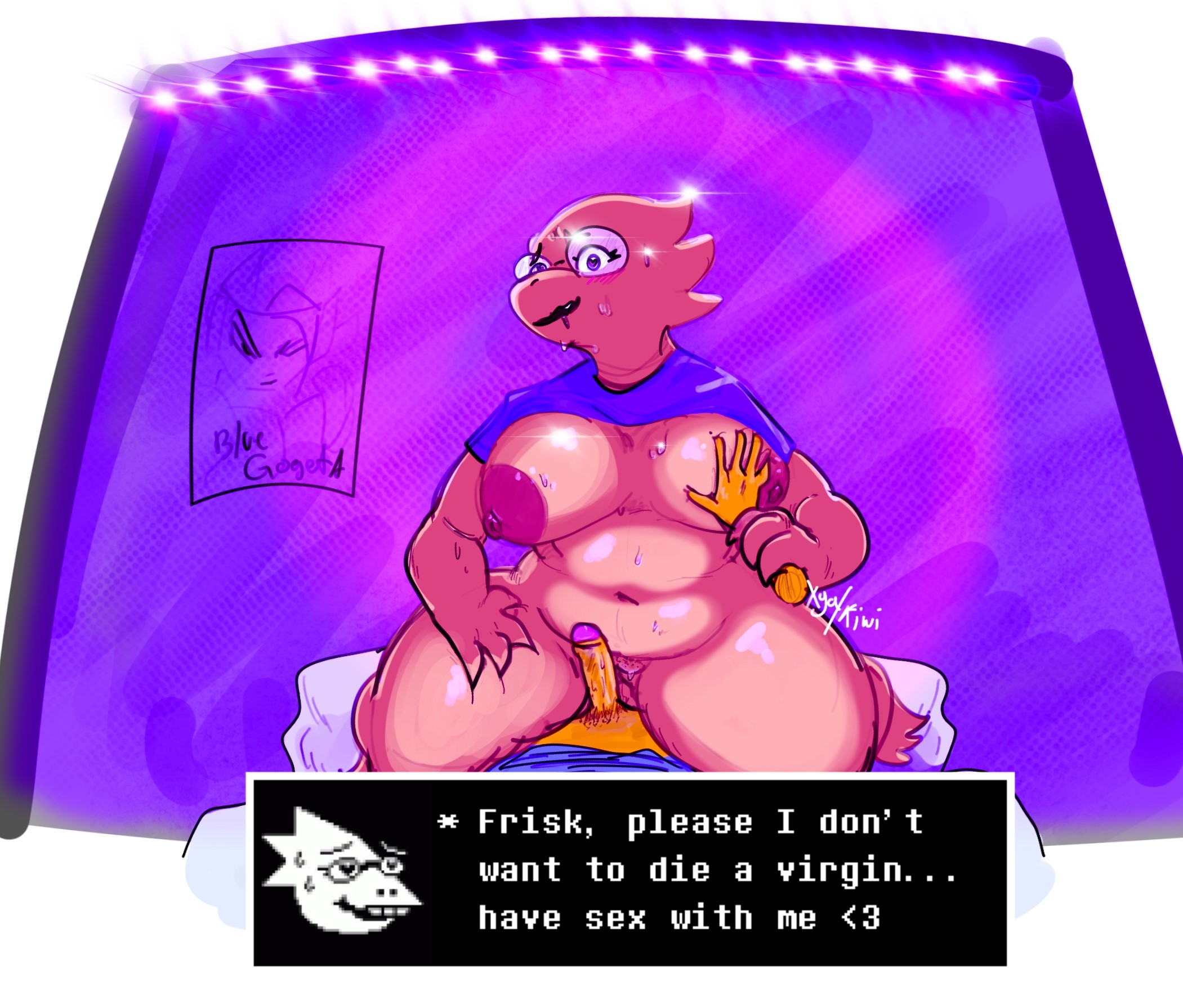 1boy, 1girls, alphys, anthro, areola, areolae, big breasts, bigger female, blush, bottom heavy, bottomless, breast grab, breast squeeze, breasts, breasts out, chubby, chubby anthro, chubby female, curvy, erection, female, female focus, female on top, frisk, furry, glasses, grabbing breasts, heart-shaped pupils, larger female, looking at viewer, looking pleasured, lustful gaze, male, male/female, midriff, monster girl, nervous, pubic hair, pussy, shirt, shortstack, size difference, stomach, sweat, sweatdrop, sweating, thick thighs, tummy, undertale, voluptuous, wet, wet pussy, xyakiwi, yellow body, yellow skin