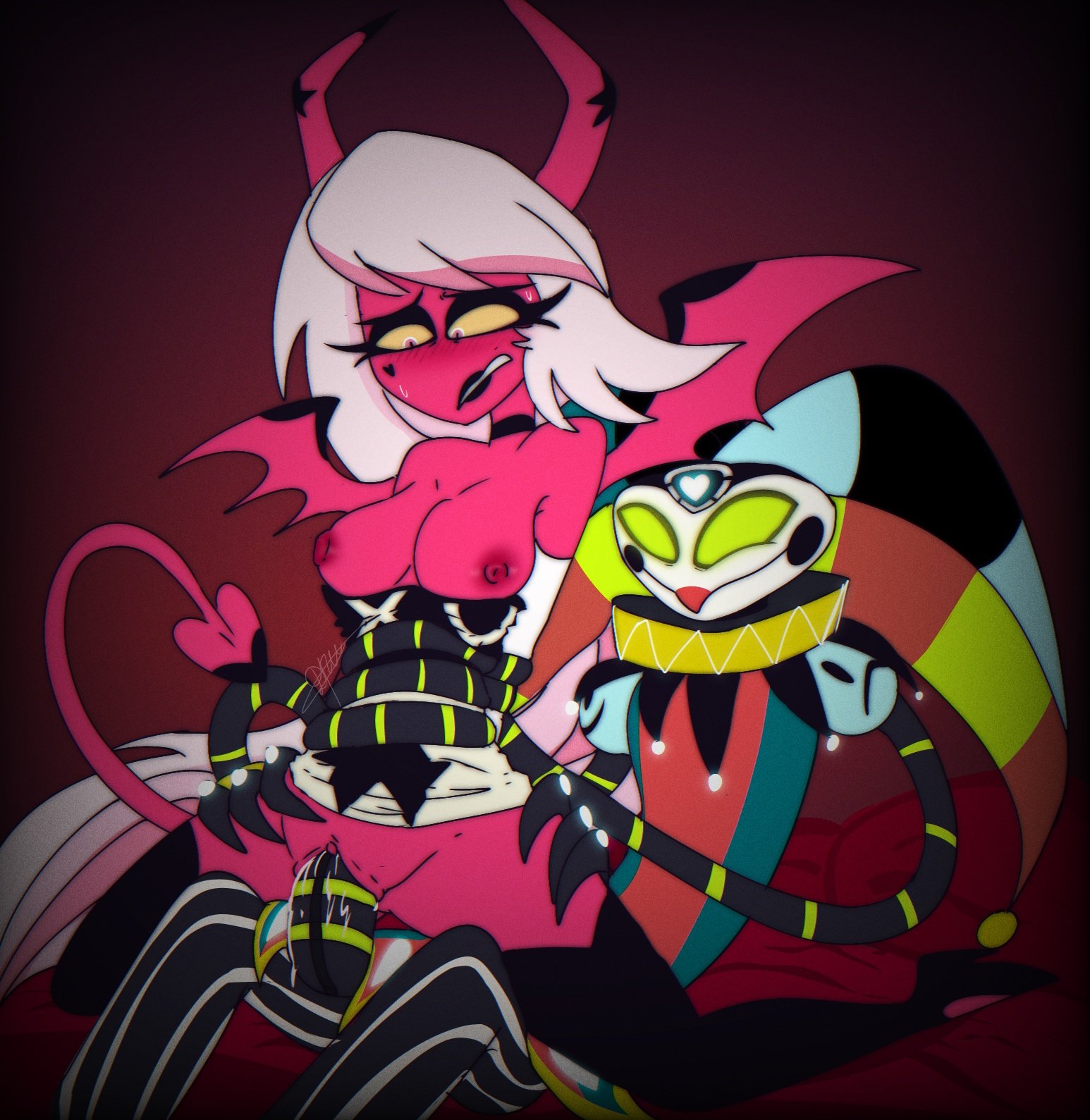 1boy, 1girls, absurd res, black tail, blush, blushing, breasts, clothed, clothed female nude male, clothed sex, clothing, female, fizzarolli (helluva boss), grabbing from behind, green eyes, half-closed eyes, heart, helluva boss, hi res, kkcq20yk0db5mak, long tail, male, male penetrating, male penetrating female, male/female, nipples, penetration, penis, penis in pussy, pink eyes, pussy, sex, smile, tail, teeth, two-tone tail, verosika mayday (helluva boss), vivienne medrano, wings