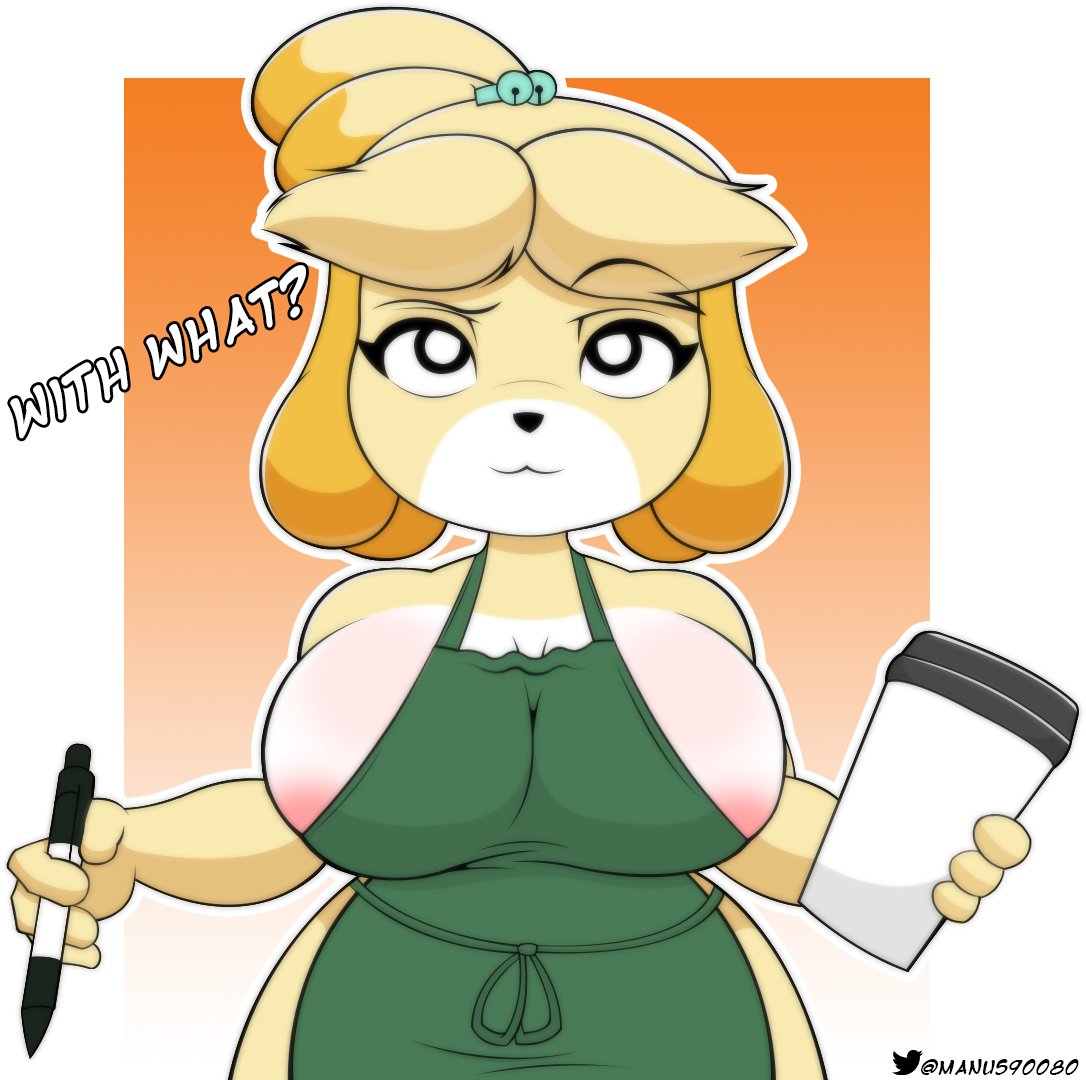 1girls :3 animal_crossing apron apron_only areolae canine female female_only iced_latte_with_breast_milk isabelle_(animal_crossing) looking_at_viewer manus90080 meme naked_apron nintendo tagme yellow_body yellow_hair