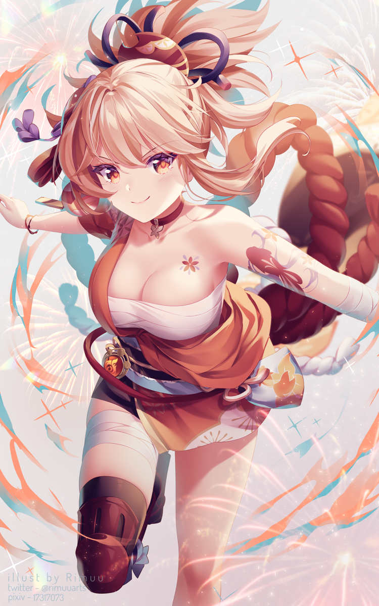 1girls bandage big_breasts blonde_hair blush bow breasts genshin_impact japanese_clothes orange_eyes push-up rimuu shimenawa tattoo thick_thighs thighhighs thighs yoimiya_(genshin_impact)