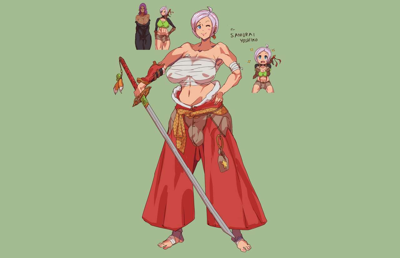 1futa, bandage, bandages, big breasts, breasts, bulge, character name, character sheet, clothed, clothing, eraanthe, full-package futa, fully clothed, futa only, futanari, human, intersex, light skin, light-skinned futa, original character, pale skin, pink hair, short hair, standing, sword, text