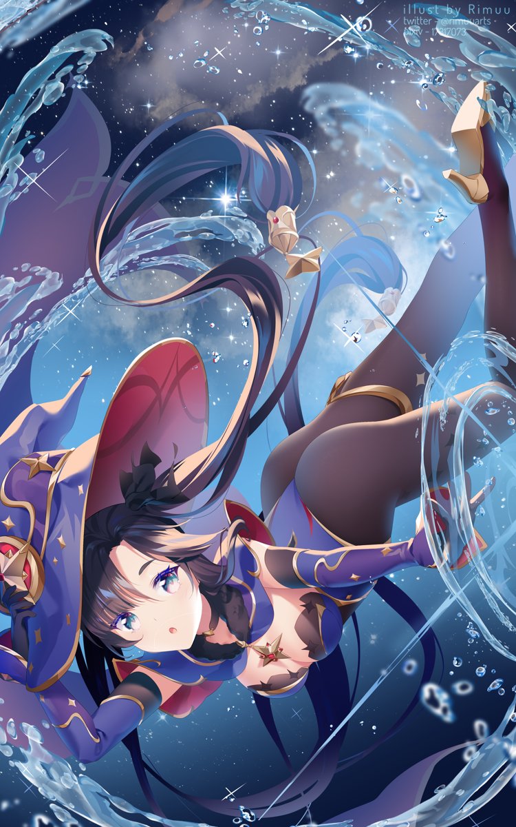 1girls, ass, astrologist, black hair, blue eyes, breasts, female, genshin impact, leotard, mona (genshin impact), rimuu, thick thighs, thighs, tight clothing, twintails, water