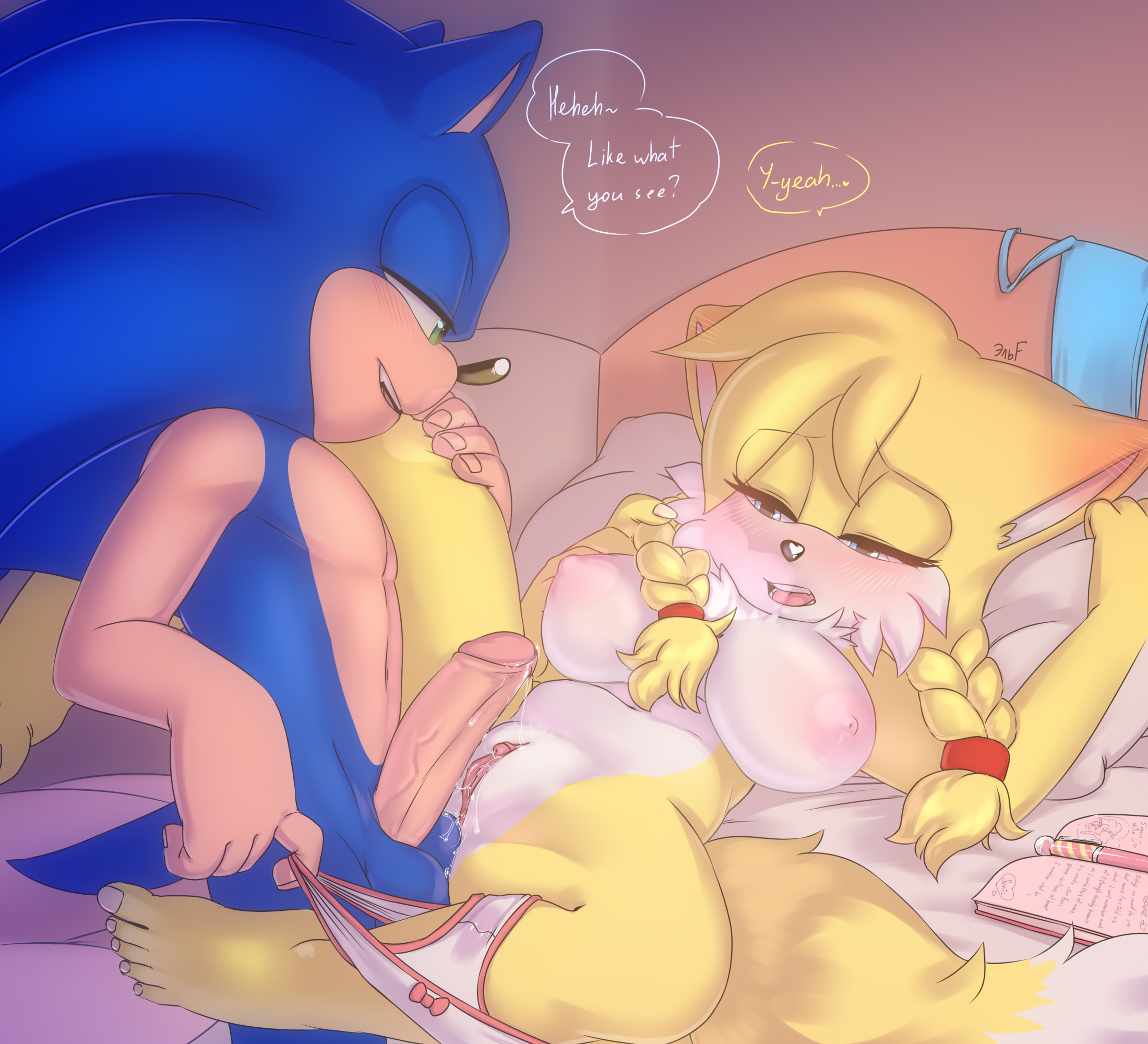 2021, 5 fingers, aged up, anthro, anthro on anthro, balls, bed, big balls, big breasts, big nipples, big penis, black pupils, blonde hair, blue balls, blue body, blue eyes, blue fur, bodily fluids, braided hair, breasts, breath, canid, canine, chubby anthro, chubby female, clitoris, clothing, dipstick tail, duo, ear blush, erection, eulipotyphlan, feet, female, fingers, fluffy, foreskin, fox, fur, furniture, genderswap, genderswap (mtf), genital fluids, genitals, glans, green eyes, grinding, hair, hedgehog, hi res, humanoid feet, humanoid genitalia, humanoid hands, humanoid penis, imminent sex, inside, interspecies, krazyelf, leg grab, long hair, looking at another, looking down, lying, male, male/female, mammal, mtf crossgender, multicolored tail, nipples, nude, on back, on bed, open mouth, panties, panties around one leg, penis, pillow, pink glans, pink nipples, pink pussy, precum, pupils, pussy, pussy juice, retracted foreskin, rule 63, sega, slightly chubby, smile, sonic (series), sonic the hedgehog, sonic the hedgehog (series), spread legs, spreading, tails, tails the fox, tailsko, tan body, tan fur, twintails, uncircumcised, underwear, underwear around one leg, undressing, vein, veiny penis, white inner ear, yellow body, yellow fur