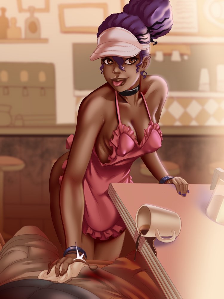 1boy 1girls apron big_breasts cafe clothed_male_nude_female coffee coffee_cup dark-skinned_female dark_skin hair_bun jo_(kid_cosmic) kid_cosmic_(series) kyder naked naked_apron netflix pov skinny teenager tongue tongue_out two_tone_hair unseen_male_face