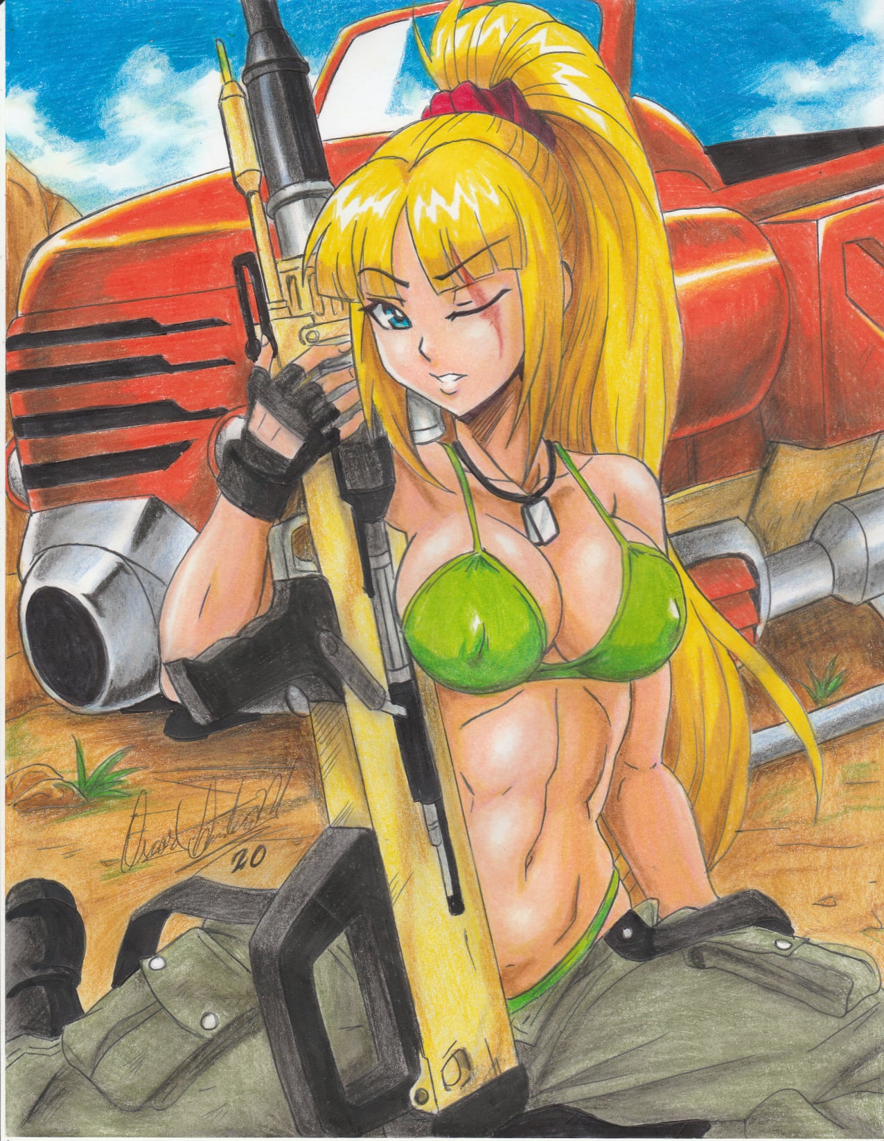 1girls 2021 abs aqua_eyes big_breasts black_gloves boots dragunov_(metal_slug) fingerless_gloves green_bra green_panties green_underwear long_hair looking_back metal_slug metal_slug_attack military military_uniform nipples_visible_through_clothing no_shirt one_eye_closed ponytail ravern_clouk rifle seductive sitting snk tagme weapon