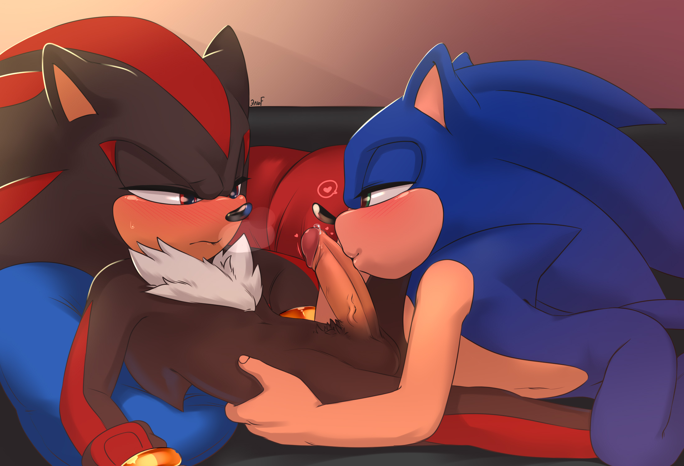 2021, anthro, anthro on anthro, balls, big penis, black balls, black body, black fur, black nose, black pupils, blue body, blue fur, blush, bodily fluids, bracelet, breath, chest tuft, clothing, duo, erection, eulipotyphlan, eye contact, fur, gay, gay male, genital fluids, genitals, glans, gloves, green eyes, grey body, grey fur, half-closed eyes, hand on side, handwear, heart, hedgehog, hi res, humanoid genitalia, humanoid penis, inside, intraspecies, jewelry, kissing, krazyelf, looking at another, lying, male, male/male, mammal, narrowed eyes, on back, on couch, on front, penis, penis kissing, pink glans, precum, pubes, pupils, red body, red eyes, red fur, sega, shadow the hedgehog, side view, sonadow, sonic (series), sonic the hedgehog, sonic the hedgehog (series), speech bubble, sweat, tan body, tan fur, tan inner ear, tan penis, tuft, vein, veiny penis, white body, white fur, yaoi