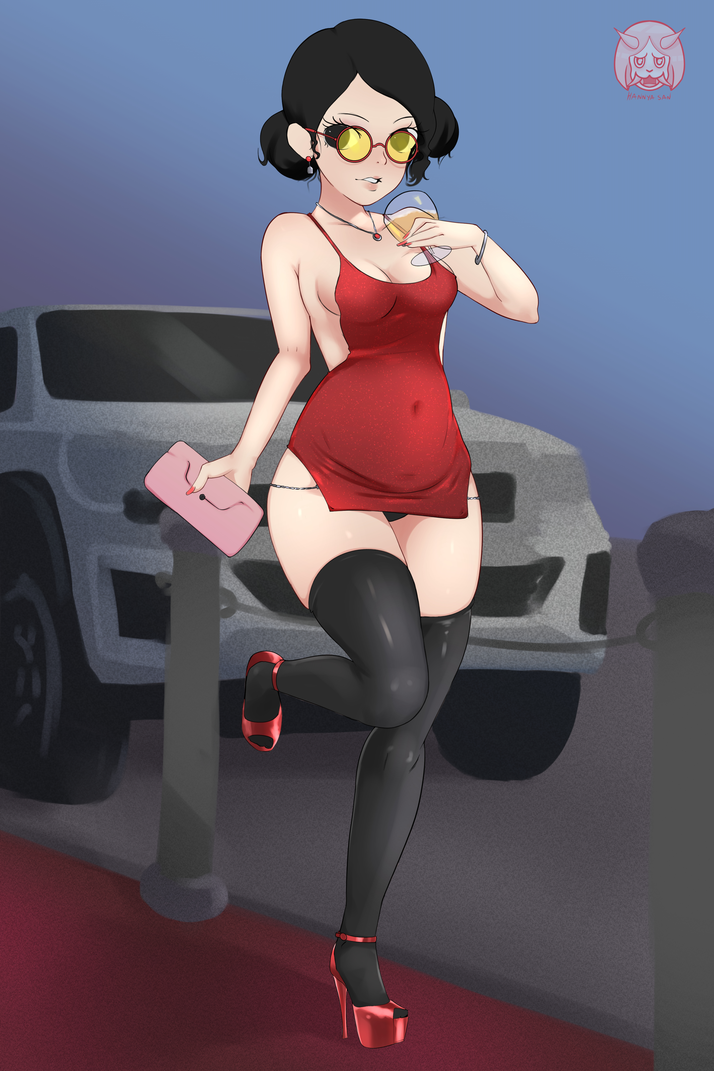 1girls, bare shoulders, bimbo, biting lip, black eyes, black hair, black legwear, black panties, black thong, boruto: naruto next generations, bracelet, bracelets, breasts, cleavage, clothed, clothing, cute, drinking, ear piercing, earrings, female, female focus, female only, footwear, fully clothed, glasses, hair bun, hannya san, heels, high heels, jewelry, legwear, light skin, light-skinned female, lips, lipstick, looking at viewer, naruto, naruto (series), necklace, no bra, painted nails, pale skin, pale-skinned female, panties, perky breasts, pink lips, pink lipstick, pinup, platform heels, pose, posing, purse, red heels, red high heels, red nail polish, red nails, revealing clothes, sarada uchiha, see-through, see-through clothing, short dress, shounen jump, skimpy, skimpy clothes, sleeveless, sleeveless dress, small breasts, solo, solo female, solo focus, source request, standing, standing on one leg, stiletto heels, sunglasses, teenager, thighhighs, thong, tied hair, tinted eyewear, wine glass, yellow-tinted eyewear