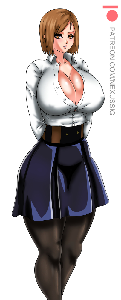 1girls, belt, big breasts, breasts, brown hair, button down shirt, cleavage, female, female only, jujutsu kaisen, kugisaki nobara, legs together, nexus, skirt, solo, solo female, standing, straining buttons, tagme, white background