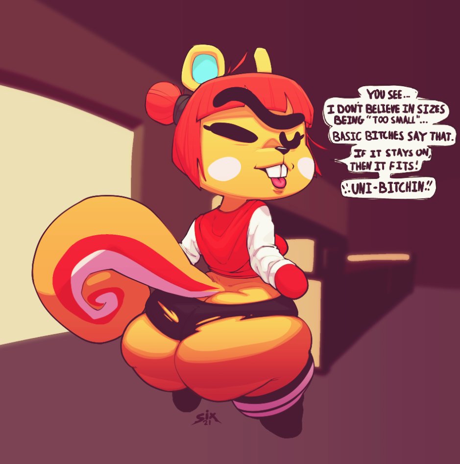 1girls, animal crossing, anthro, ass, ass cleavage, ass crack, big ass, bottom heavy, bubble ass, bubble butt, buckteeth, butt crack, female, fur, furry, hazel (animal crossing), large ass, nintendo, shortstack, sixsidesofmyhead, solo, squirrel, tail, text, tongue, unibrow, wink