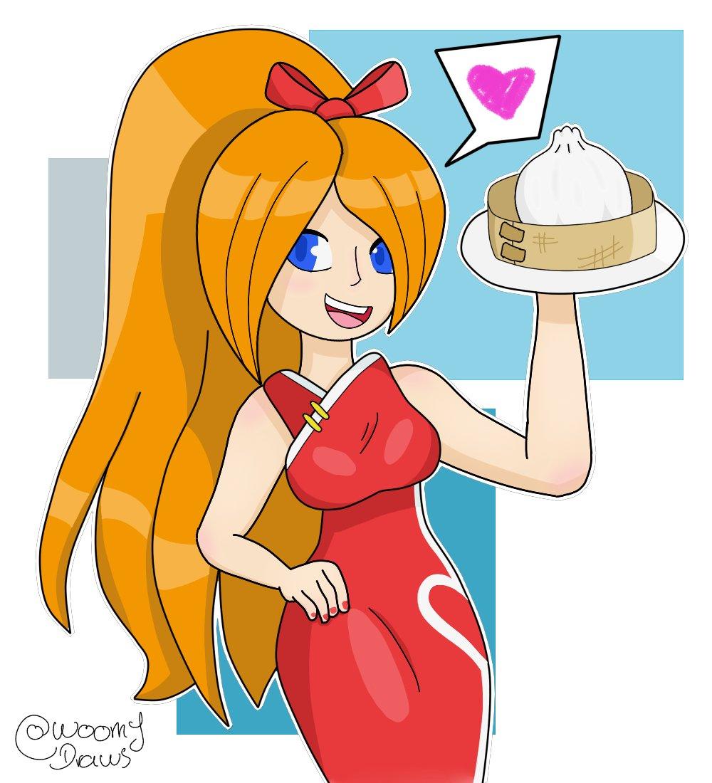 blue_eyes chinese_dress donut looking_to_the_side mario_(series) mona_(warioware) nintendo orange_hair ponytail red_ribbon ribbon rice_ball spoken_heart wario_(series) warioware warioware:_smooth_moves woomy_draws