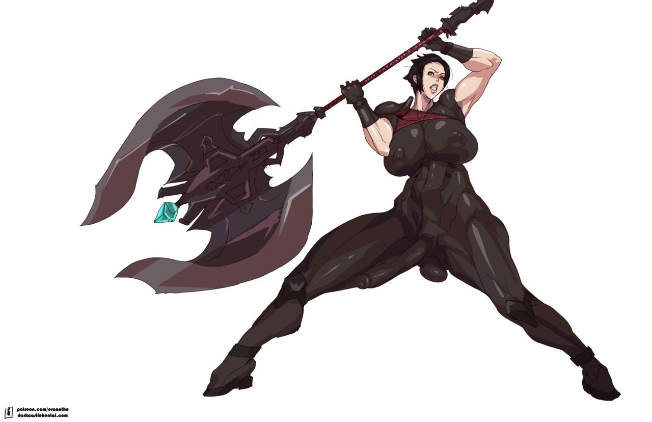 1futa axe balls black_hair bodysuit bulge bulge_down_leg clothed clothing eraanthe full_body fully_clothed futa_only futanari green_eyes human light-skinned_futanari light_skin muscular_futanari pale_skin penis short_hair solo tagme tight_clothing warrior weapon white_background