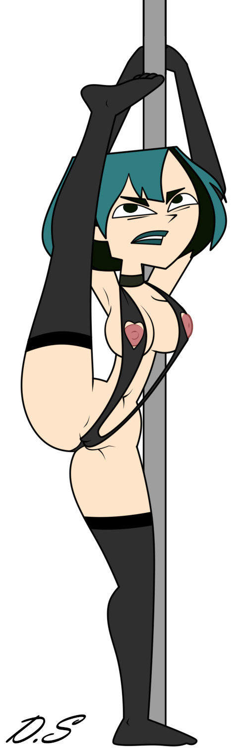 1girls black_eyes black_hair breasts delta0shadow elbow_gloves female female_only gloves green_hair gwen_(tdi) leggings legwear light-skinned_female light_skin lips navel nipples pole solo solo_female split splits standing_split stripper_pole total_drama_island vertical_splits