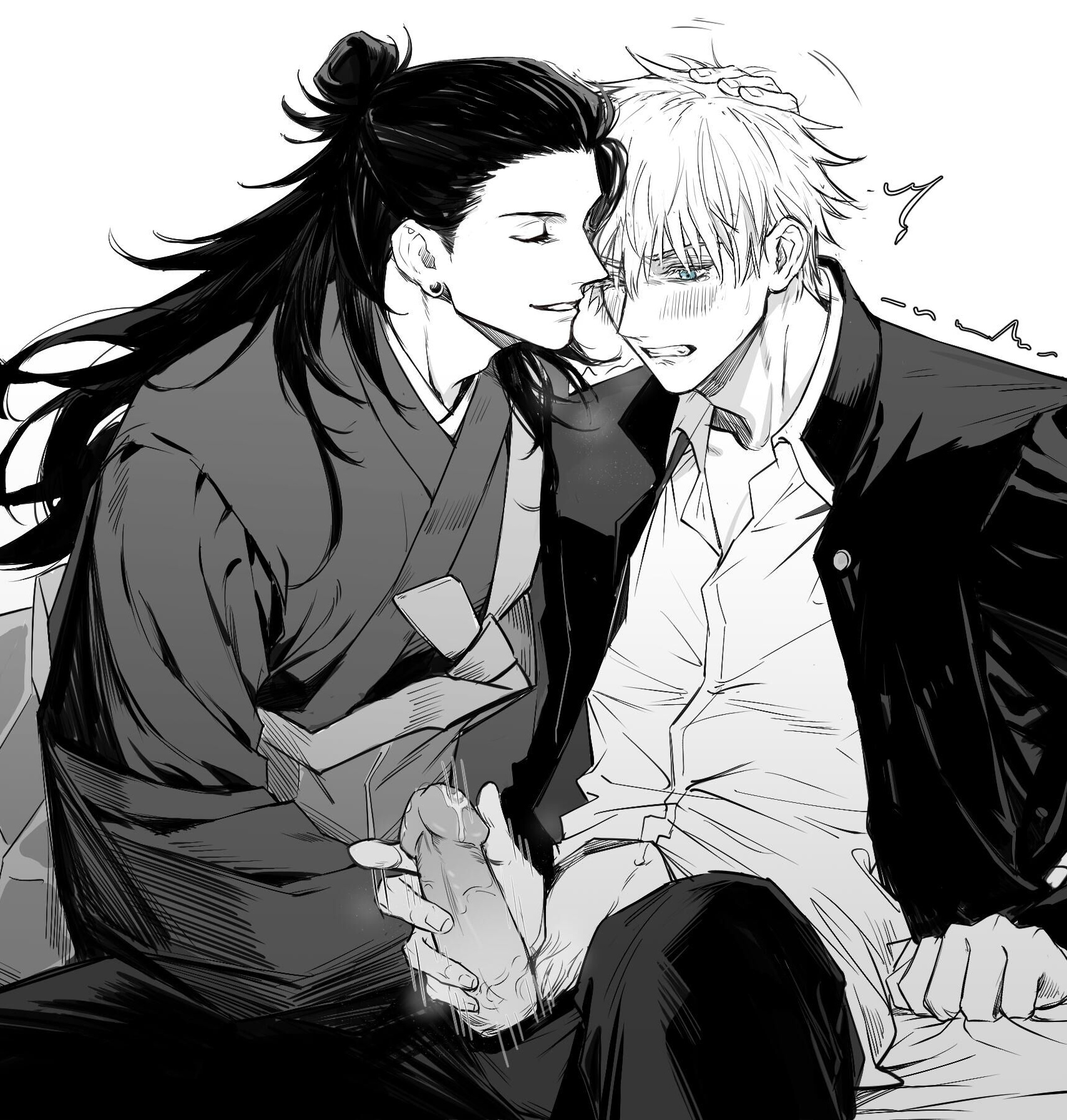 2boys, blush, closed eyes, clothed, clothing, gay, genitals, gritted teeth, hair bun, hairbun, hand on head, hand on penis, jujutsu kaisen, long hair, long-haired male, male, male only, male/male, masturbation, monochrome, penis, satoru gojo, stroking penis, suguru geto, yaoi