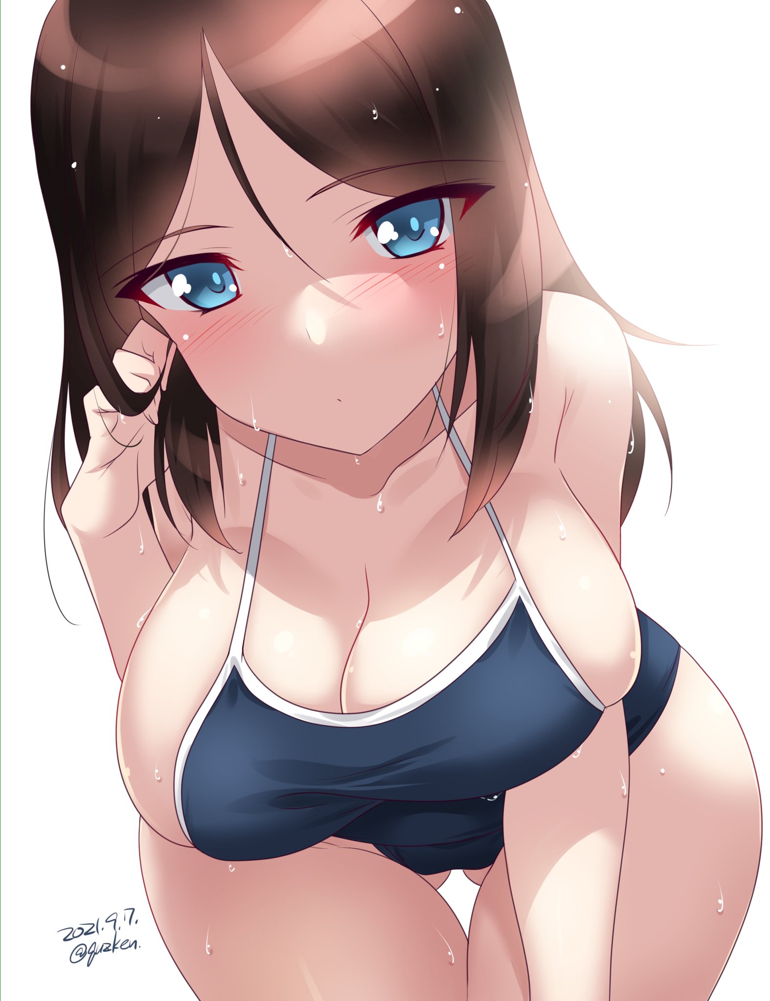 1girls, big breasts, blue eyes, blush, breasts, brown hair, cleavage, female, female only, girls und panzer, long hair, looking at viewer, nonna (girls und panzer), simple background, swimsuit, watermark