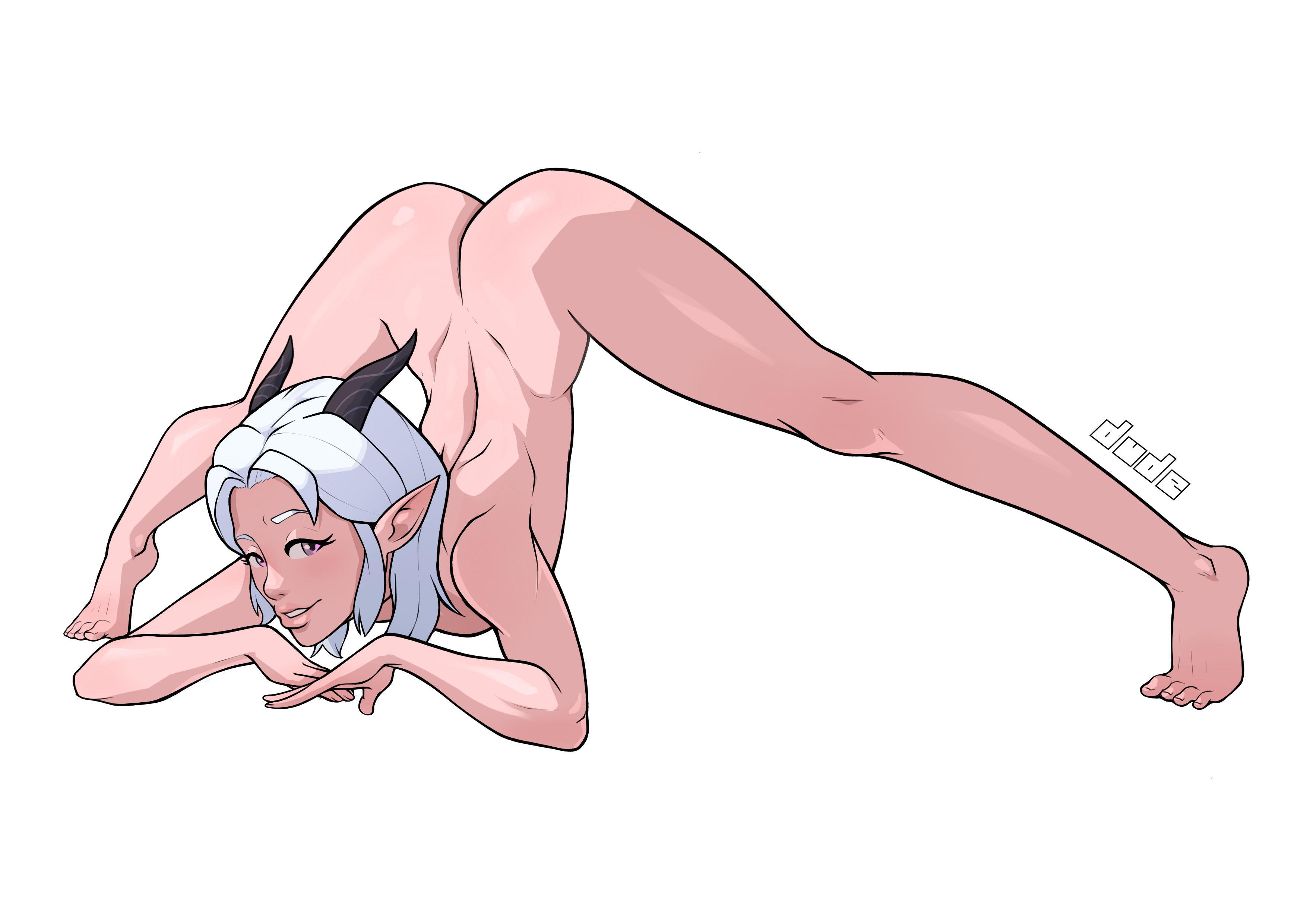 1girls, completely nude, dude-doodle-do, elf, elf ears, face down ass up, female, female only, fit, fit female, flexible, horns, jack-o pose, naked, nude, parted bangs, rayla (the dragon prince), sidelocks, solo, the dragon prince, top-down bottom-up, white hair