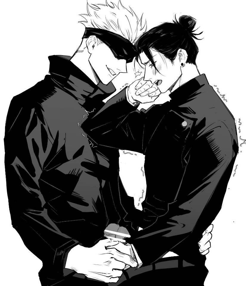 2boys, blindfold, blush, censor bar, censored, censored penis, clothing, frottage, genitals, grin, hair bun, hairbun, hand on back, jujutsu kaisen, male, male only, male/male, monochrome, penis, satoru gojo, shocked expression, suguru geto, white background