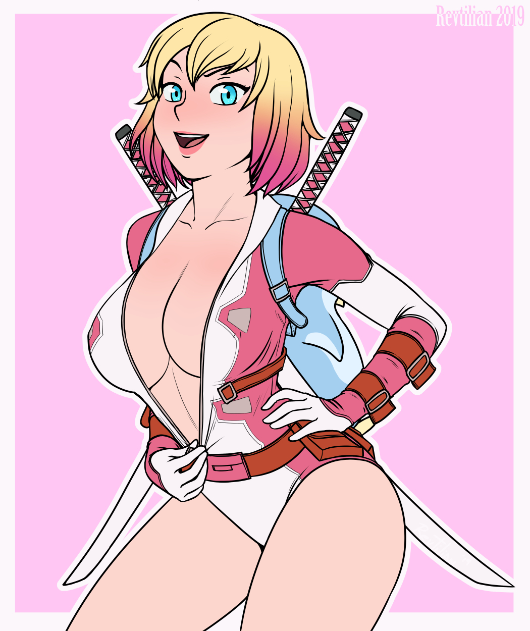 1girls big_breasts blonde blonde_hair blue_eyes breasts cleavage female female_focus female_only flashing gwen_poole gwenpool gwenpool_(series) half-dressed highres jumpsuit katana lips marvel marvel_comics one_piece_suit open_mouth pink_highlights revtilian showing_breasts showing_off solo solo_female solo_focus teeth thighs tongue two_tone_hair undressing unzipping weapon weapon_on_back weapons