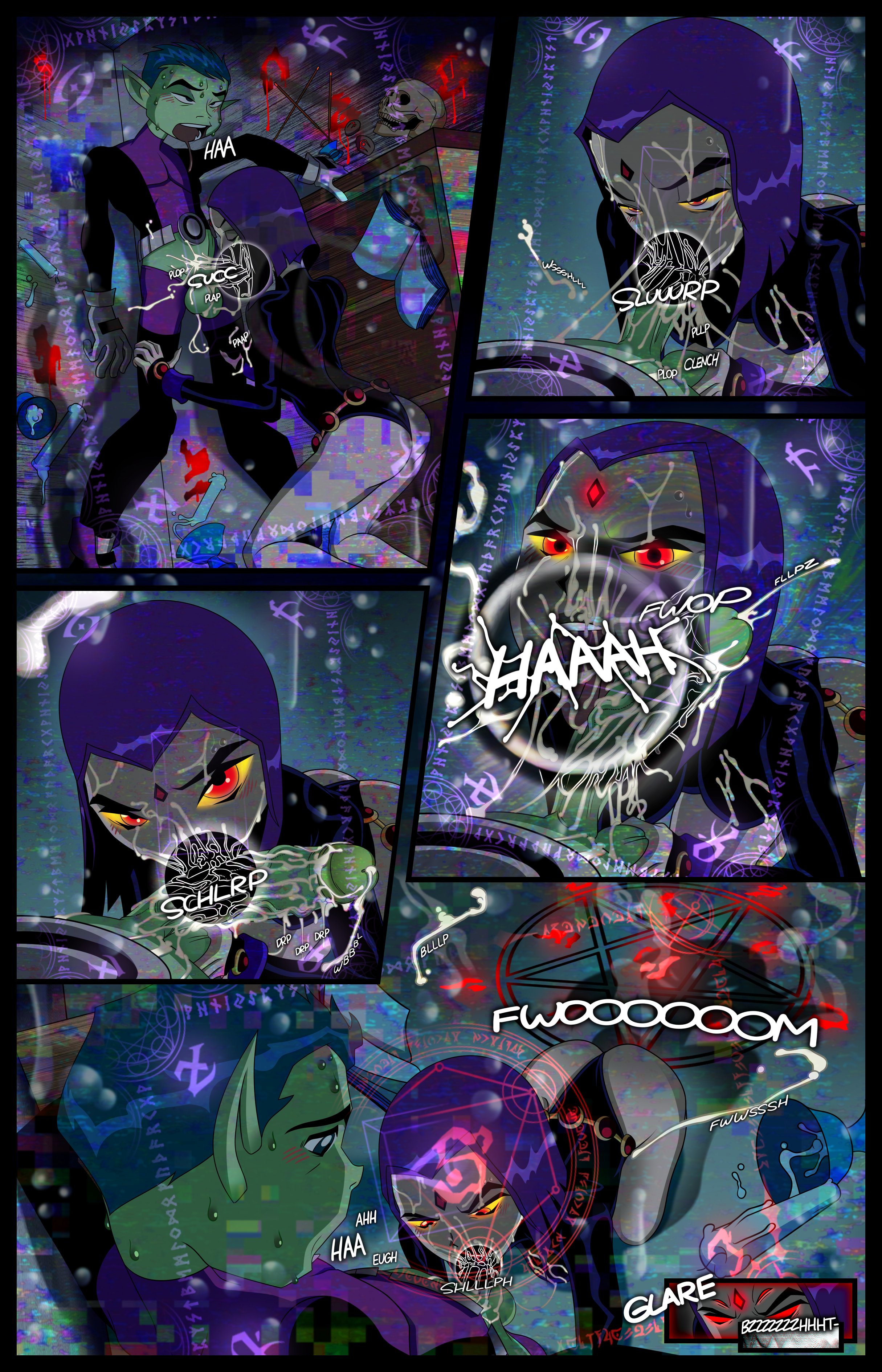 1boy, 1girls, ass, balls, bare legs, beast boy, blowjob, breasts, bubble ass, bubble butt, busty, camera, comic, comic page, cum, cum everywhere, cum in mouth, cum inside, cum on face, dc, dc comics, deepthroat, fellatio, female, garfield logan, green skin, hourglass figure, incogneato, intimate meditation, leotard, male, medium breasts, mrswindle94, oral, oral penetration, oral sex, penis, purple hair, rachel roth, raven (dc), short hair, teen titans, testicles, thong leotard, wide hips