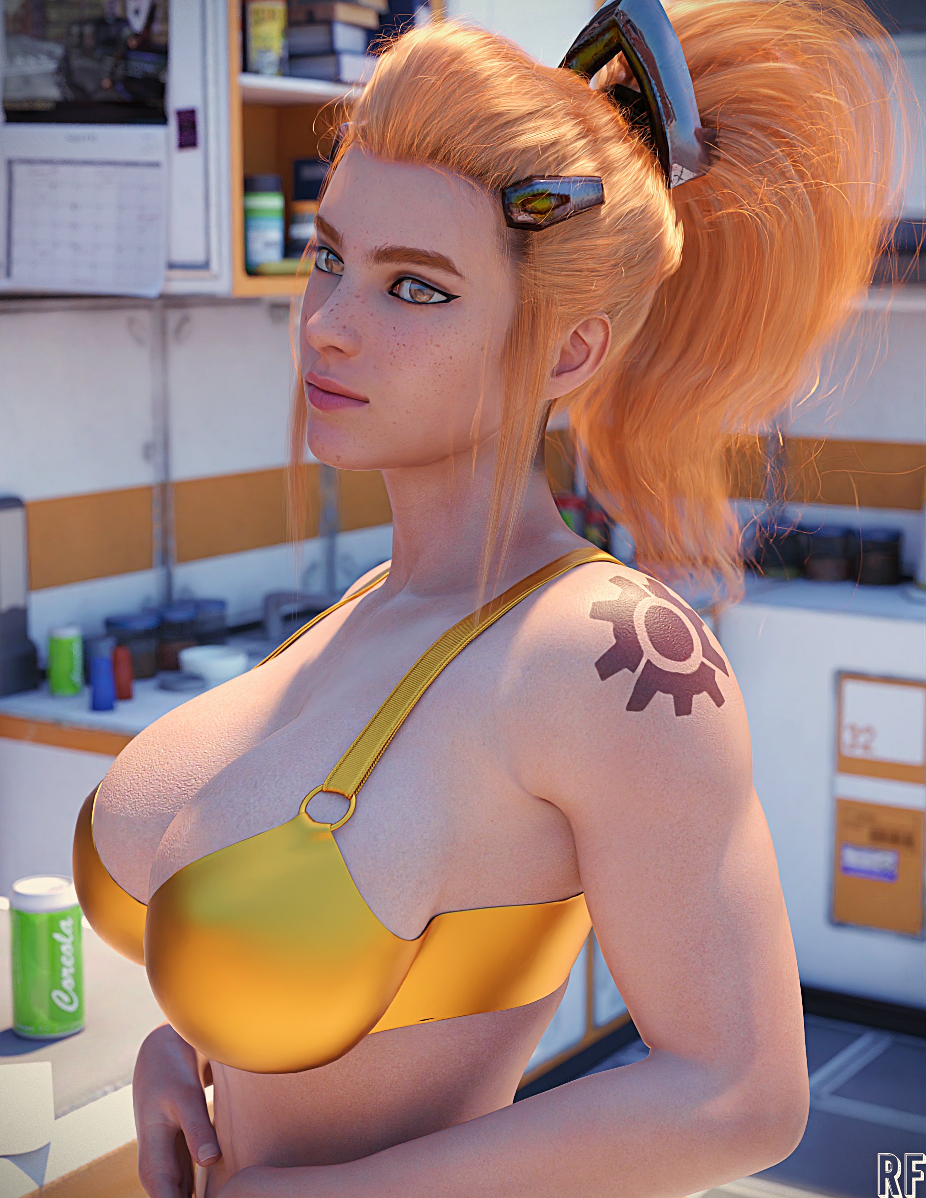1girls, 3d, alternate hair color, bra, breasts, brigitte, cleavage, eyeliner, female, female only, freckles, large breasts, overwatch, ponytail, red hair, rude frog, smile, solo, strawberry blonde hair, tattoo, thick eyebrows, tied hair