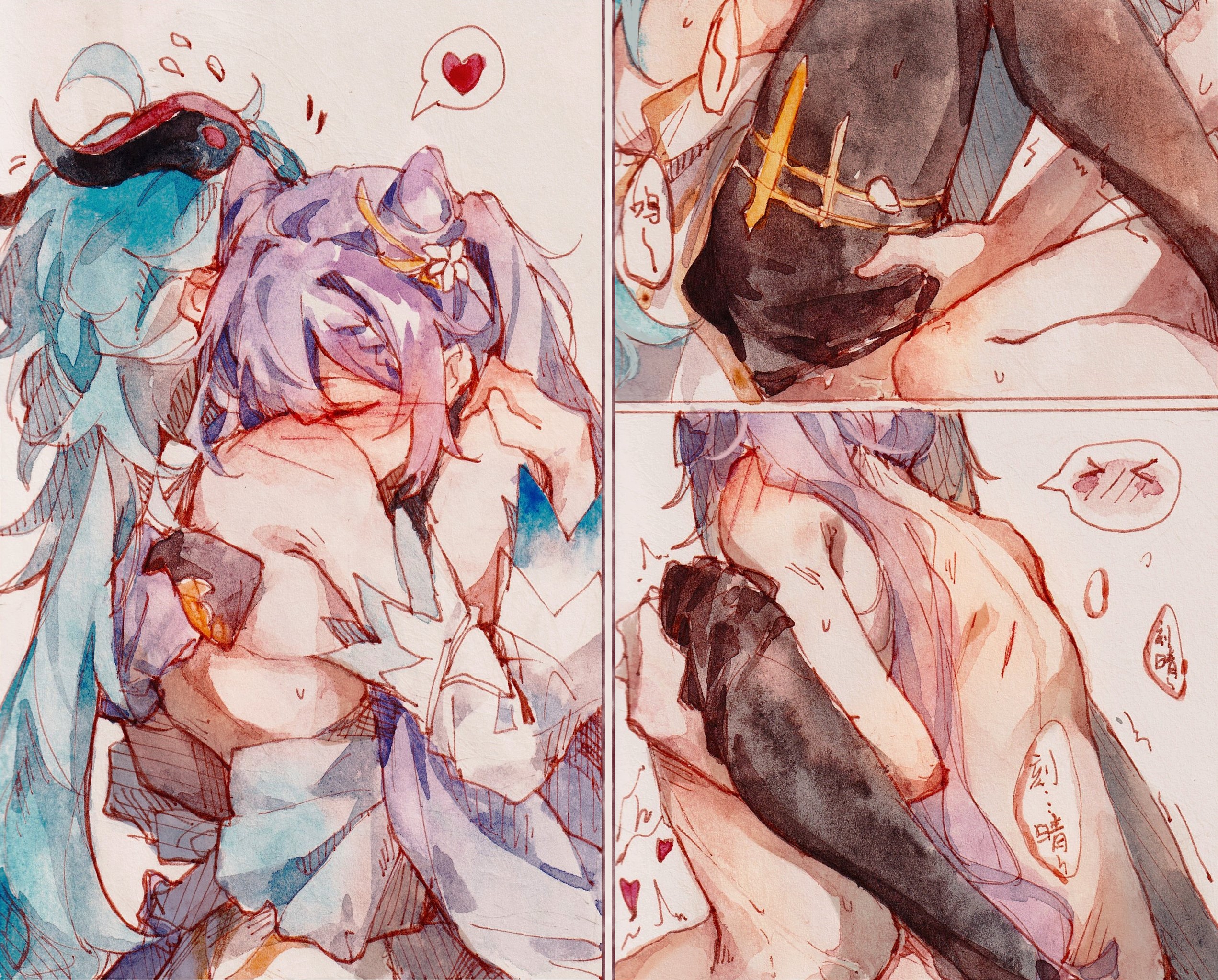 2girls, artist request, assertive female, bangs, bending, blue hair, closed eyes, female, femdom, ganyu (genshin impact), genshin impact, hair ornament, horn, hug, keqing (genshin impact), leaning back, lezdom, missionary position, multiple females, multiple girls, multiple positions, multiple views, nervous, pantyhose, pantyhose pull, purple hair, sitting, spread legs, submissive female, twintails, yuri