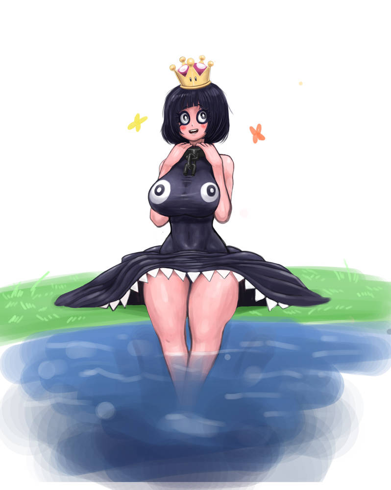 big_breasts breasts chain_chomp chompette crown fangs franschesco_(artist) happy mario_(series) new_super_mario_bros._u_deluxe thighs water