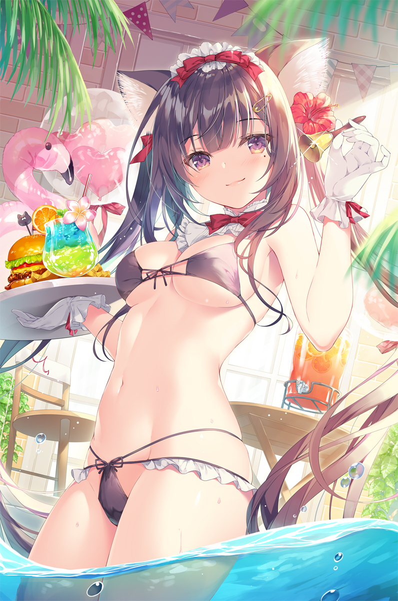 1girls beauty_mark big_breasts black_hair blush bra breasts brown_hair cat_ears cat_girl hibiscus lingerie maid maid_headdress maid_lingerie maid_uniform midriff miwabe_sakura mole mole_under_eye navel original original_character panties revealing_clothes tight_clothing twintails wet