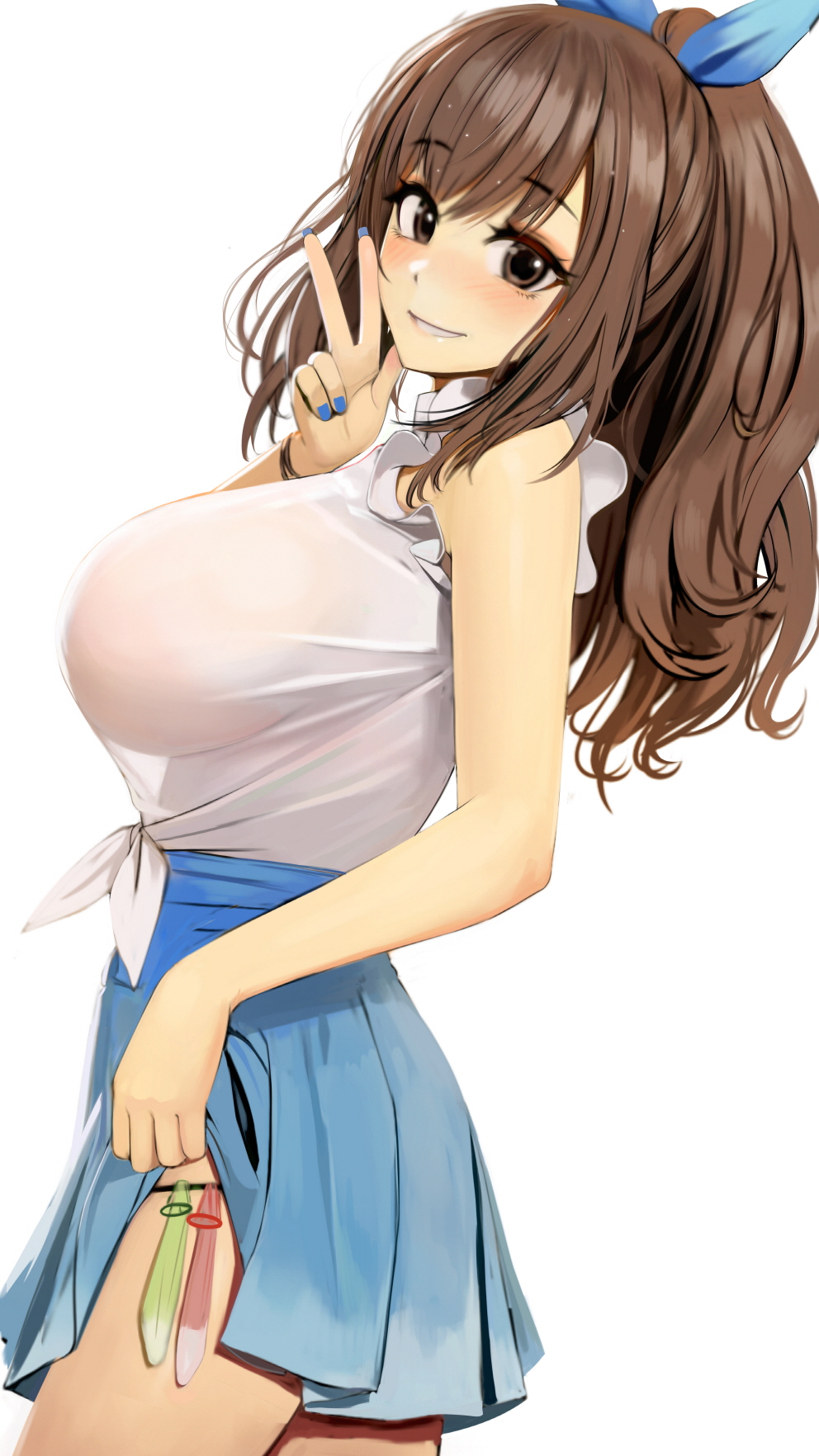 blue ribbon, breasts, brown eyes, brown hair, clothes lift, condom, condom belt, eyebrows visible through hair, female, highres, huge breasts, idolmaster, idolmaster shiny colors, large breasts, multiple condoms, ponytail, rak (kuraga), ribbon, shirt, skirt, skirt lift, smile, tied shirt, tsukioka kogane, used condom, v