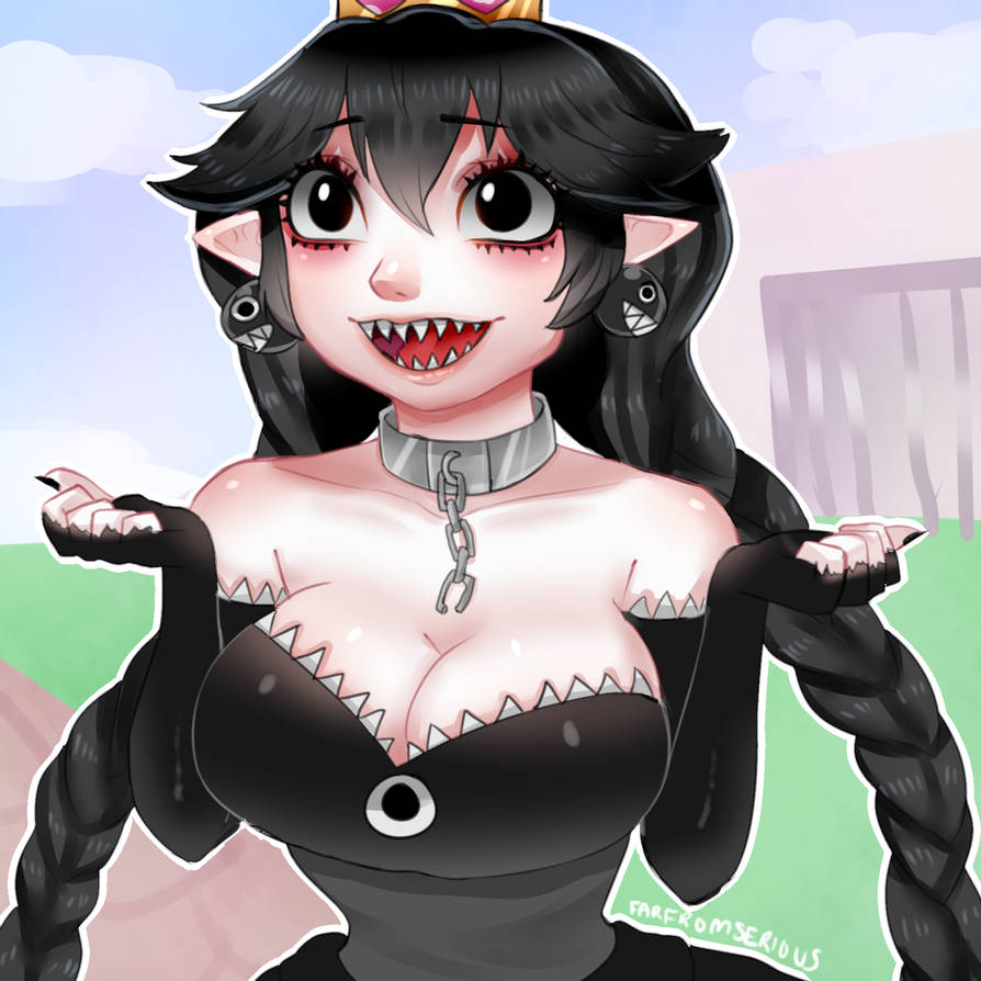 black_dress bob-omb_battlefield breasts chain_chomp chained chompette fangs farfromserious mario_(series) new_super_mario_bros._u_deluxe super_mario_64