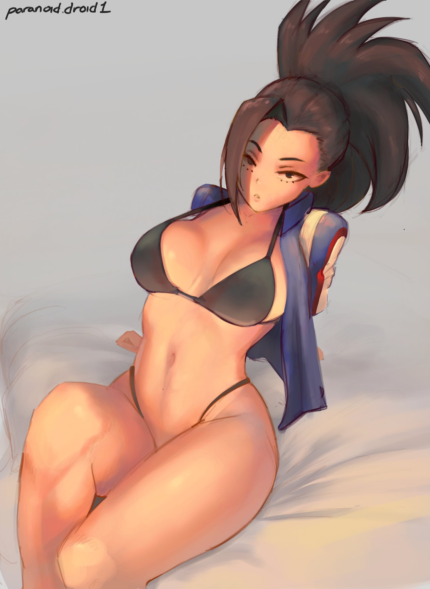 1girls, bed, bed sheet, belly, big breasts, black bra, black hair, black thong, black-haired female, bra, breasts, cleavage, covered nipples, female, female focus, female only, highleg, looking at viewer, momo yaoyorozu, my hero academia, navel, paranoiddroid, sitting, sitting on bed, solo, solo female, solo focus, thick thighs, thighs