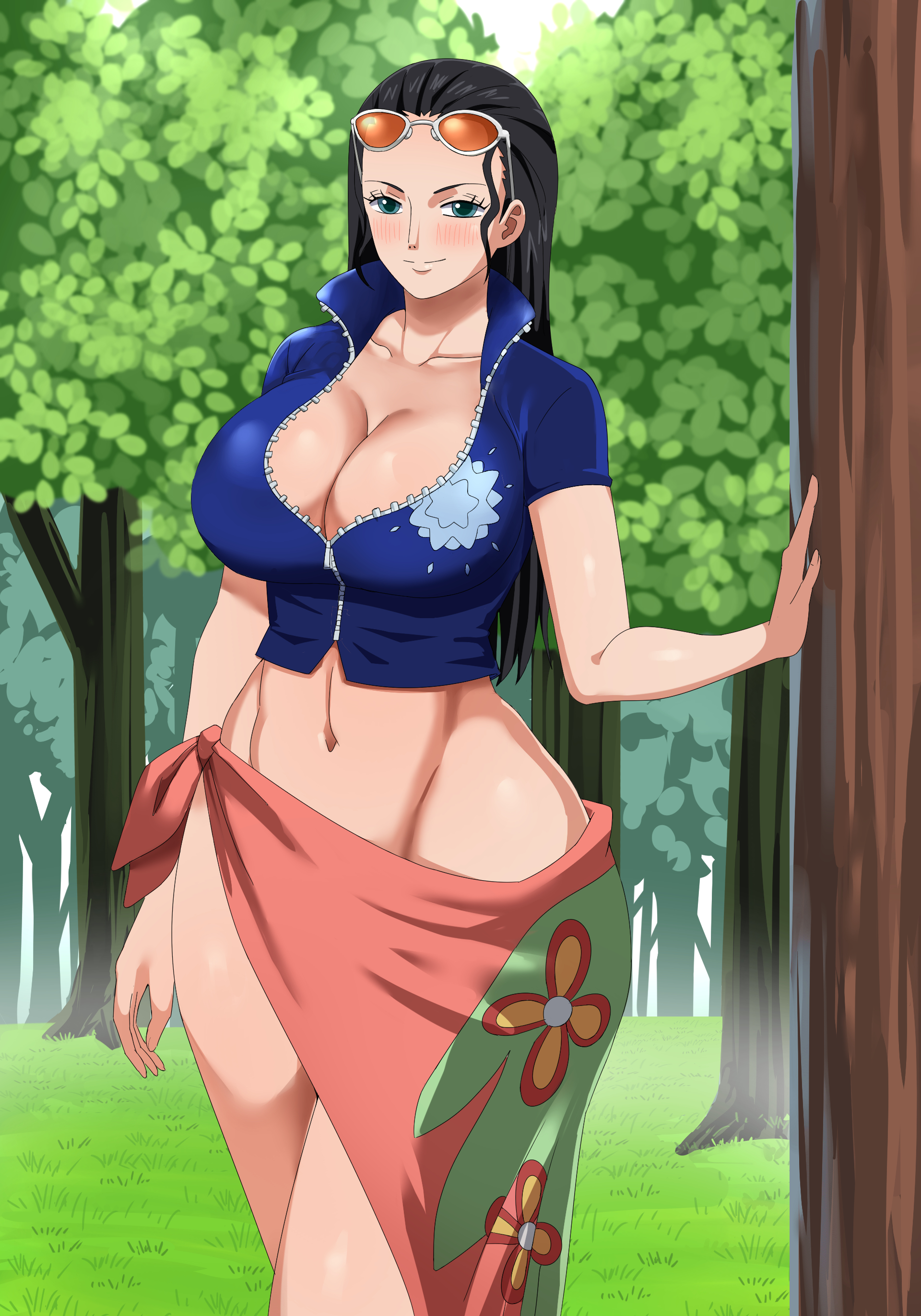 1girls, absurdres, black hair, black-haired female, blush, breasts, cleavage, eyewear on head, female, female focus, female only, forest, highres, large breasts, linea alba, long hair, looking at viewer, midriff, nature, navel, nico robin, no bra, no panties, no underwear, one piece, pinkpawg, sarong, shirt, smile, solo, sunglasses, sunglasses on head, tagme, tree, zipper