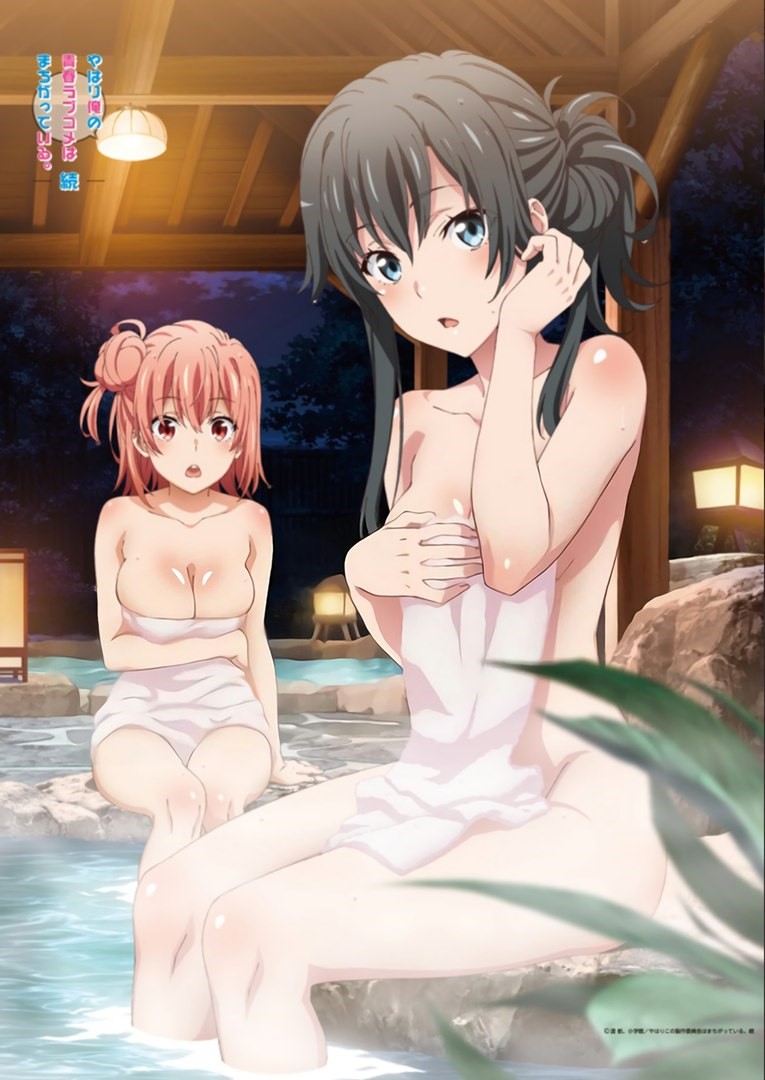 2girls, black hair, blue eyes, blush, breasts, covering, covering breasts, female, long hair, looking at viewer, multiple females, multiple girls, my teen romantic comedy snafu, naked towel, official art, onsen, small breasts, tagme, towel, yuigahama yui, yukinoshita yukino