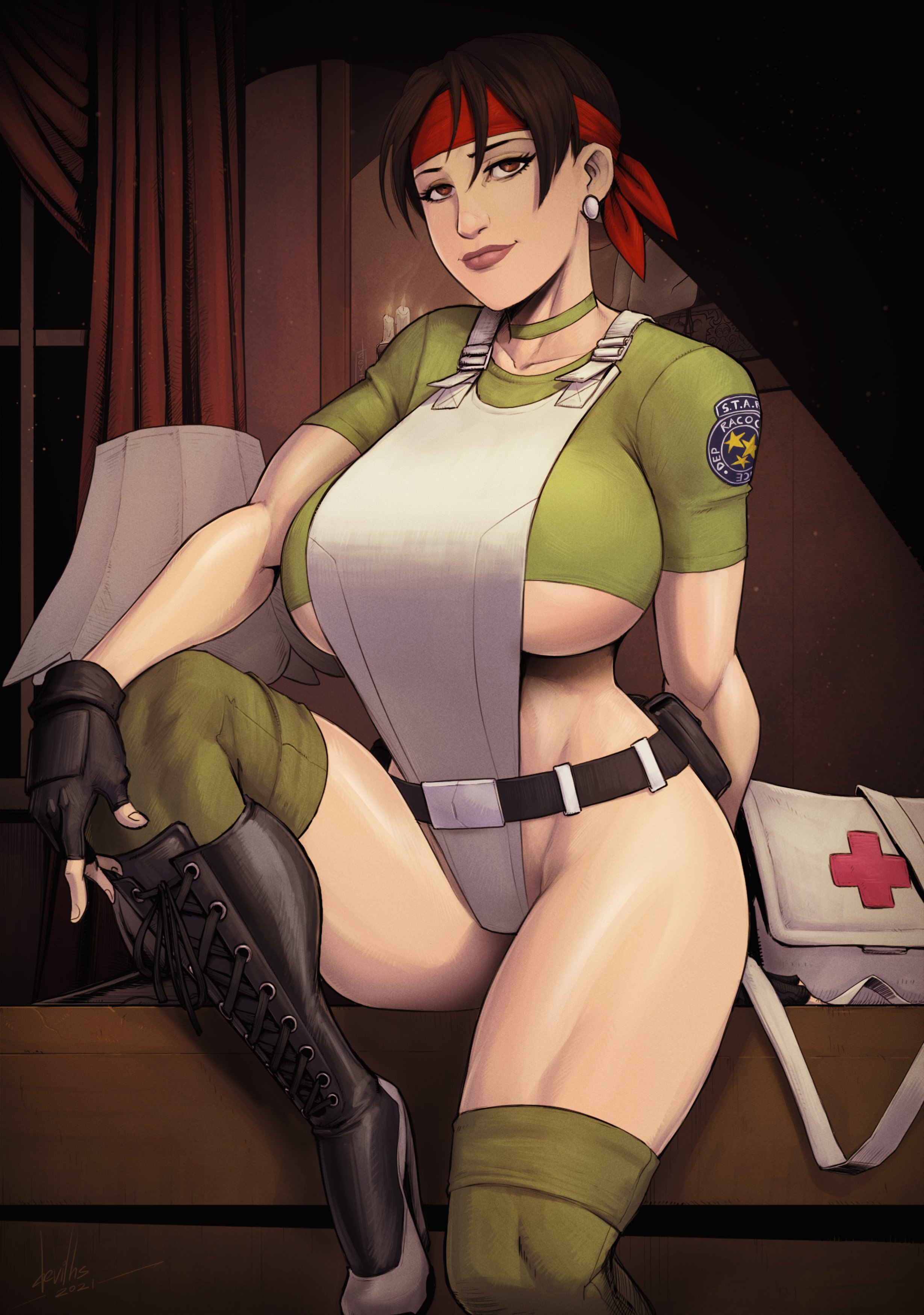 1girls, bag, bottomwear, breasts, brown hair, capcom, clothing, devil hs, ear piercing, female, female focus, female only, footwear, gloves, handwear, headband, huge breasts, huge thighs, human, legwear, leotard, light skin, light-skinned female, looking at viewer, neckwear, pale skin, pale-skinned female, panties, police, police uniform, policewoman, rebecca chambers, resident evil, short hair, simple background, smile, solo, solo female, solo focus, thick thighs, topwear, underboob, wide hips