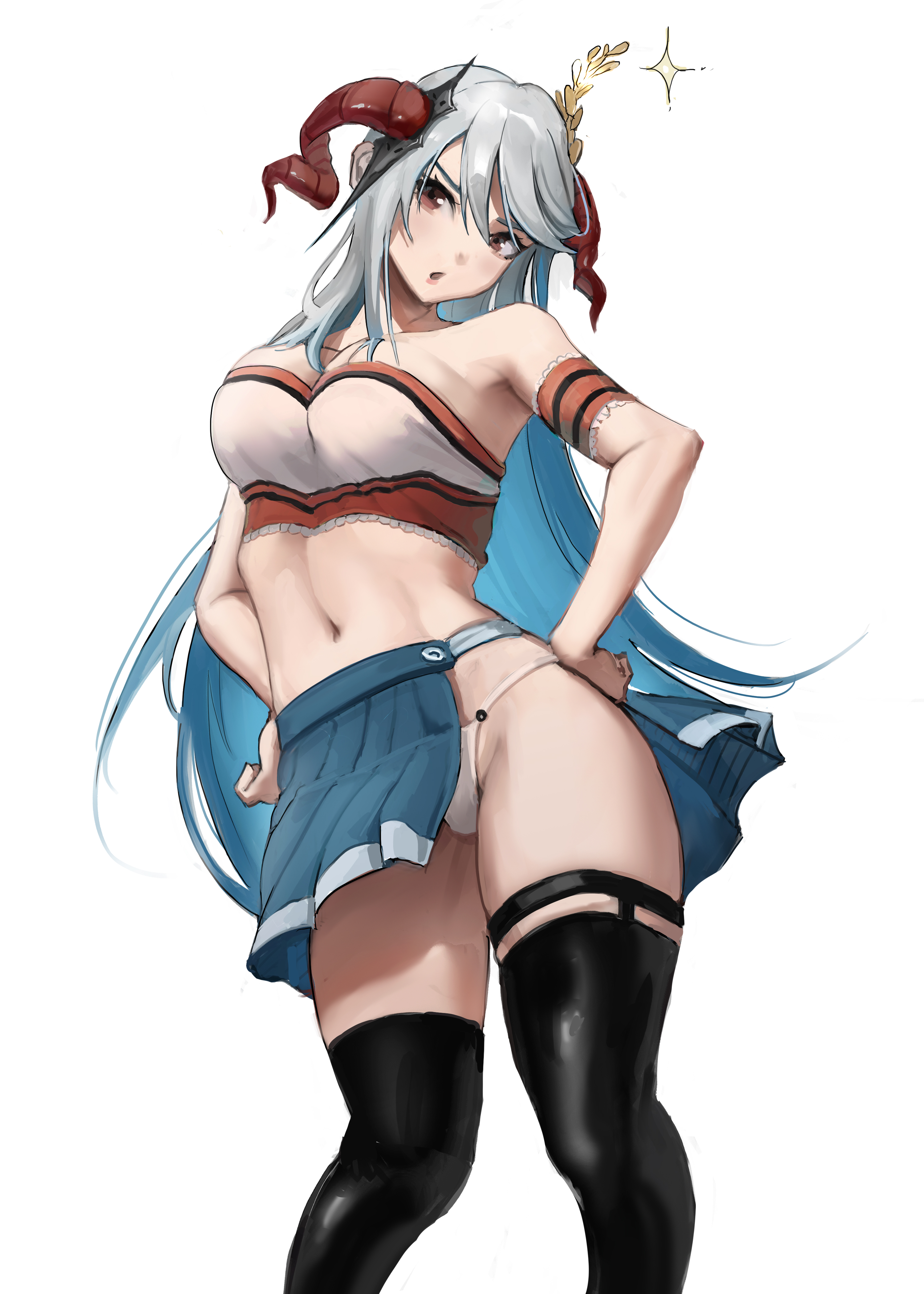 1girls, absurdres, alternate costume, annoyed, armpits, bangs, bare arms, bare shoulders, black legwear, blue hair, blue skirt, breasts, cheerleader, commission, crop top, curled horns, female, fire emblem, fire emblem heroes, freyja (fire emblem), furrowed brow, goat, goat horns, goddess, hair ornament, hand on hip, highres, horns, large breasts, long hair, midriff, miniskirt, multicolored hair, navel, nintendo, open mouth, panties, panty peek, pantyshot, pleated skirt, red eyes, red horns, revealing clothes, side slit, silver hair, skindentation, skirt, solo, standing, thighhighs, thighs, two-tone hair, underwear, white hair, white panties, zulh00n